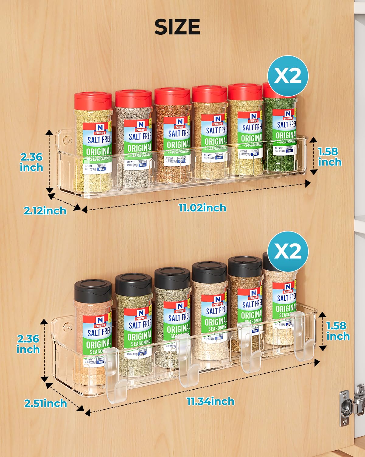 Nieifi Spice Rack Wall Mount, 4 Pack, Clear, Screw or Adhesive Installation, Spice Rack Organizer for Your Kitchen Cabinet or Pantry Door