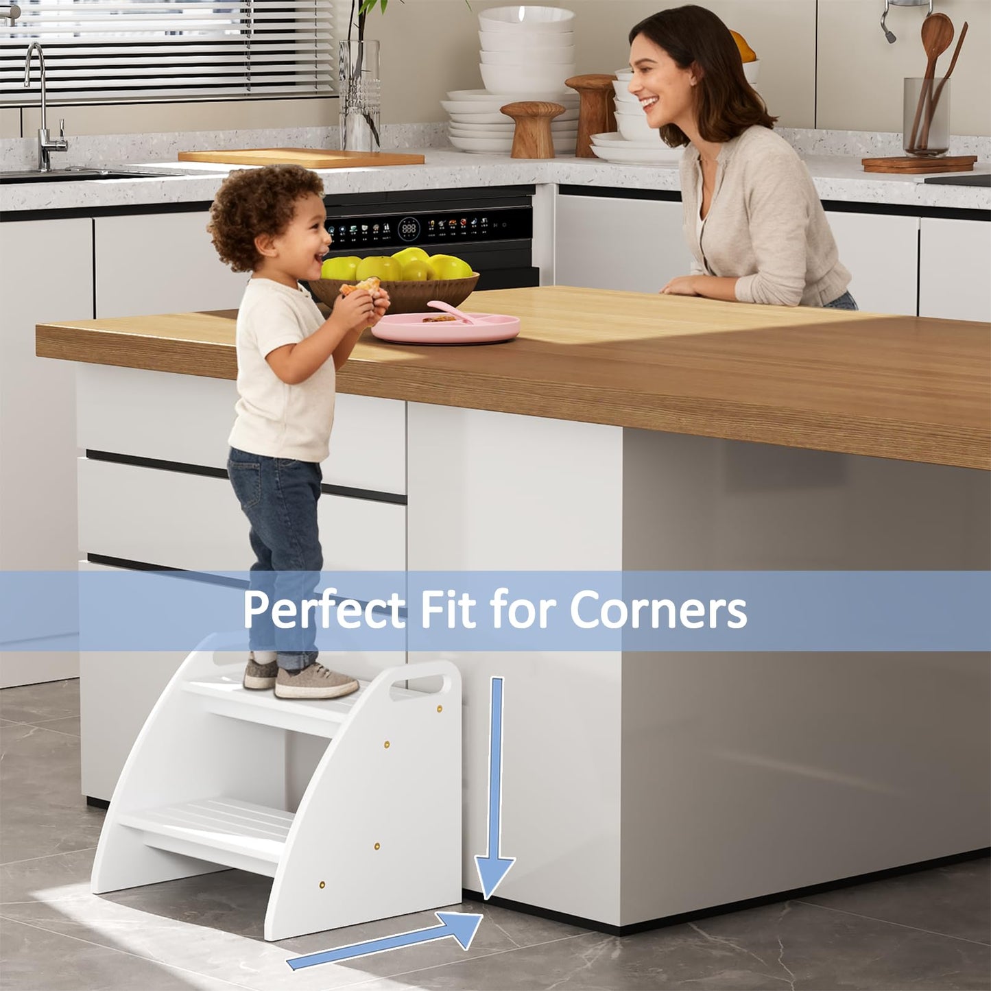 Bamboo 2 Step Stool 300lbs Capacity, Wooden Two Step Stool with Non-Slip Handles, Heavy Duty Stepping Stool for Bedside High Beds Adults, Sturdy Small Bathroom Kitchen White Step Stool