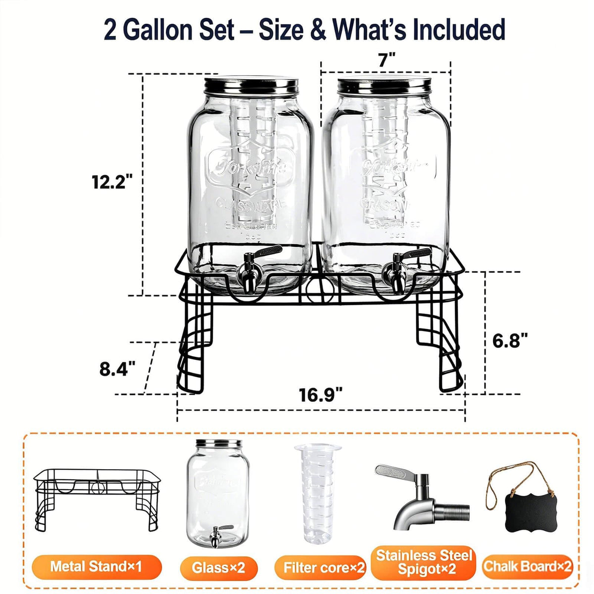2 Gallon Drink Dispensers for Parties, 2 Pack Glass Beverage Dispenser with Stand & 18/8 Stainless Steel Spigot, Lemonade Jug for Wedding, Picnic, BBQ