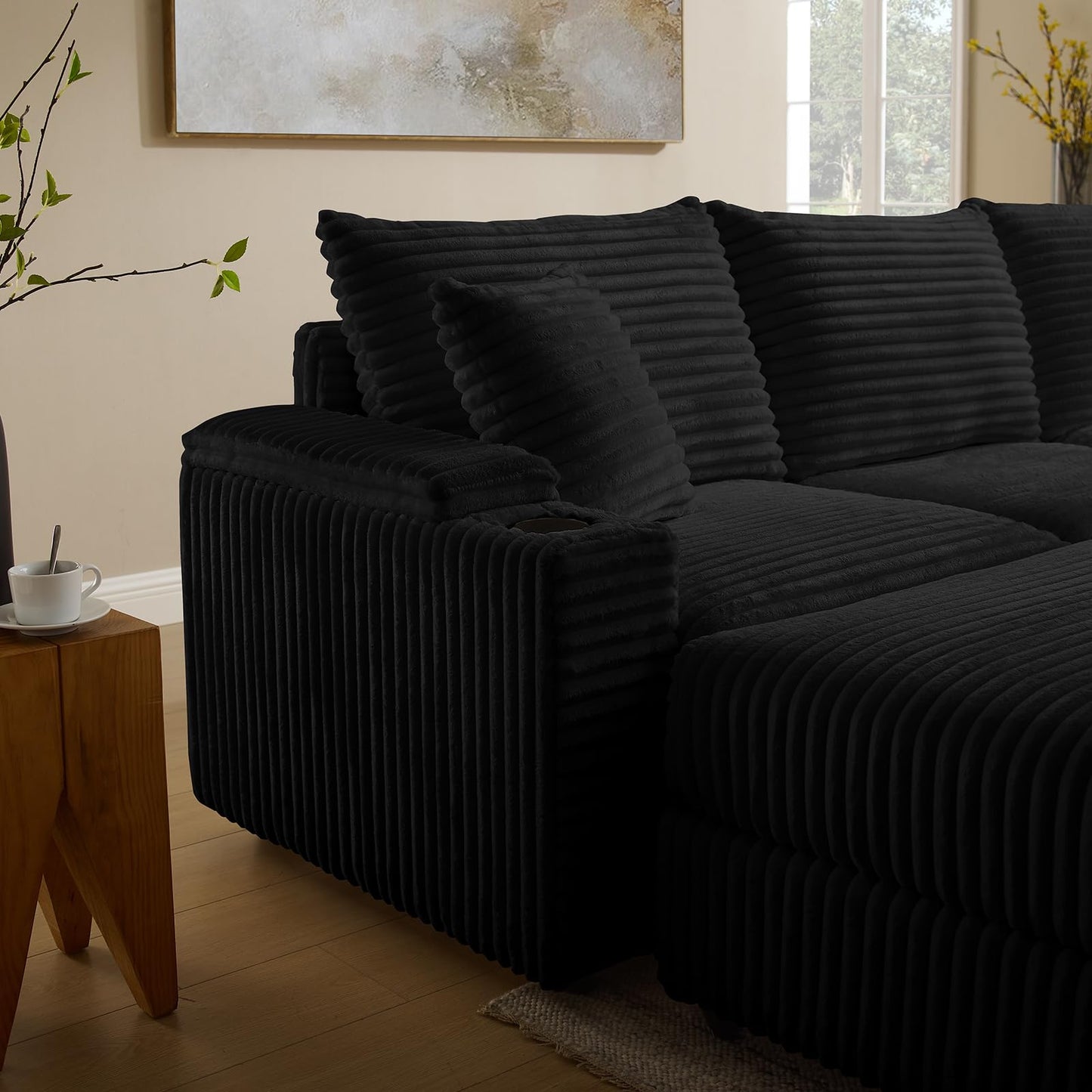 104.3" Modular Sectional Sofa, L-Shaped Couches for Living Room, Comfy Cloud Couch with Ottoman, Convertible 4 Seats Deep Seat Sofas, Black Corduroy Couch with Charger, Cup Holders & Armrest Storage