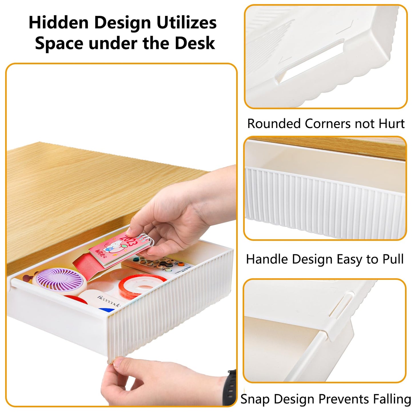 YOUEON 3 Pack Under Desk Drawer Slide Out, Self-Adhesive Under Table Drawer, Hidden Attachable Under Desk Storage Drawers, Stick on Drawers for Office, Home, School, White