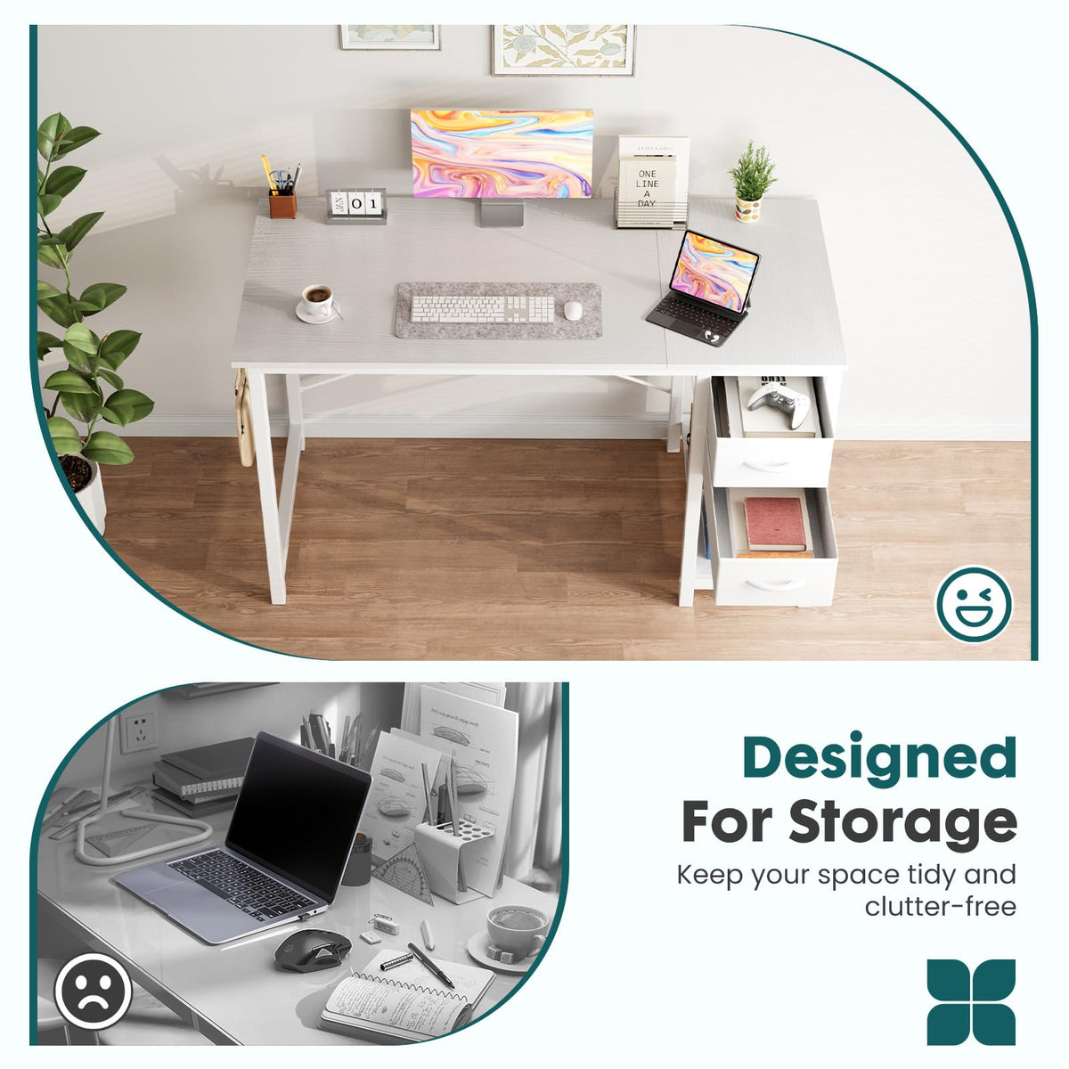 Sweetcrispy 47 Inch Computer Desk with Drawers, Home Office Gaming Desk with X-Shaped Reinforcement, Modern Wood Study Work Table with Side Hook, White
