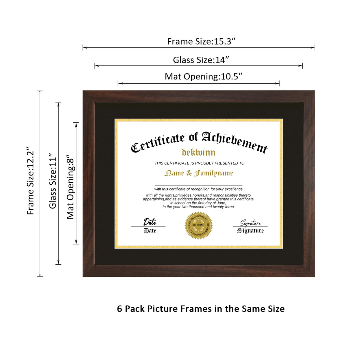 DEKWINN, Diploma Frames 8.5x11 with Mat or 11x14 without Mat,Set of 6 Certificate Document Frame with Real Glass for Wall and Tabletop Display in Walnut(Black/Gold Double Mat)