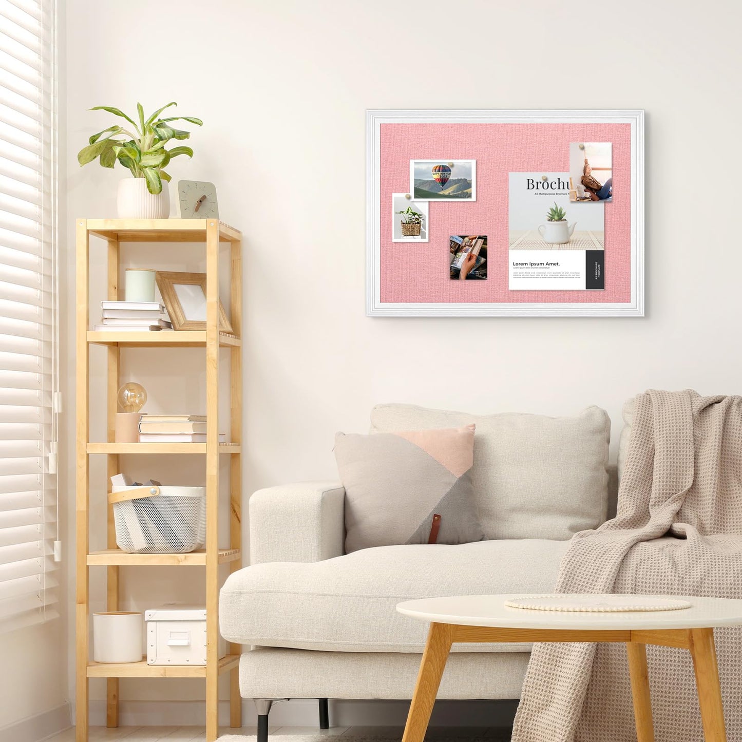 AMUSIGHT Large Pink Cork Board with Linen, 24" x 18" Hanging Wood Framed Bulletin Board, Picture Display Vision Board Corkboards for Wall Room School Office Decor, 10 Pushpins, 1 Pack