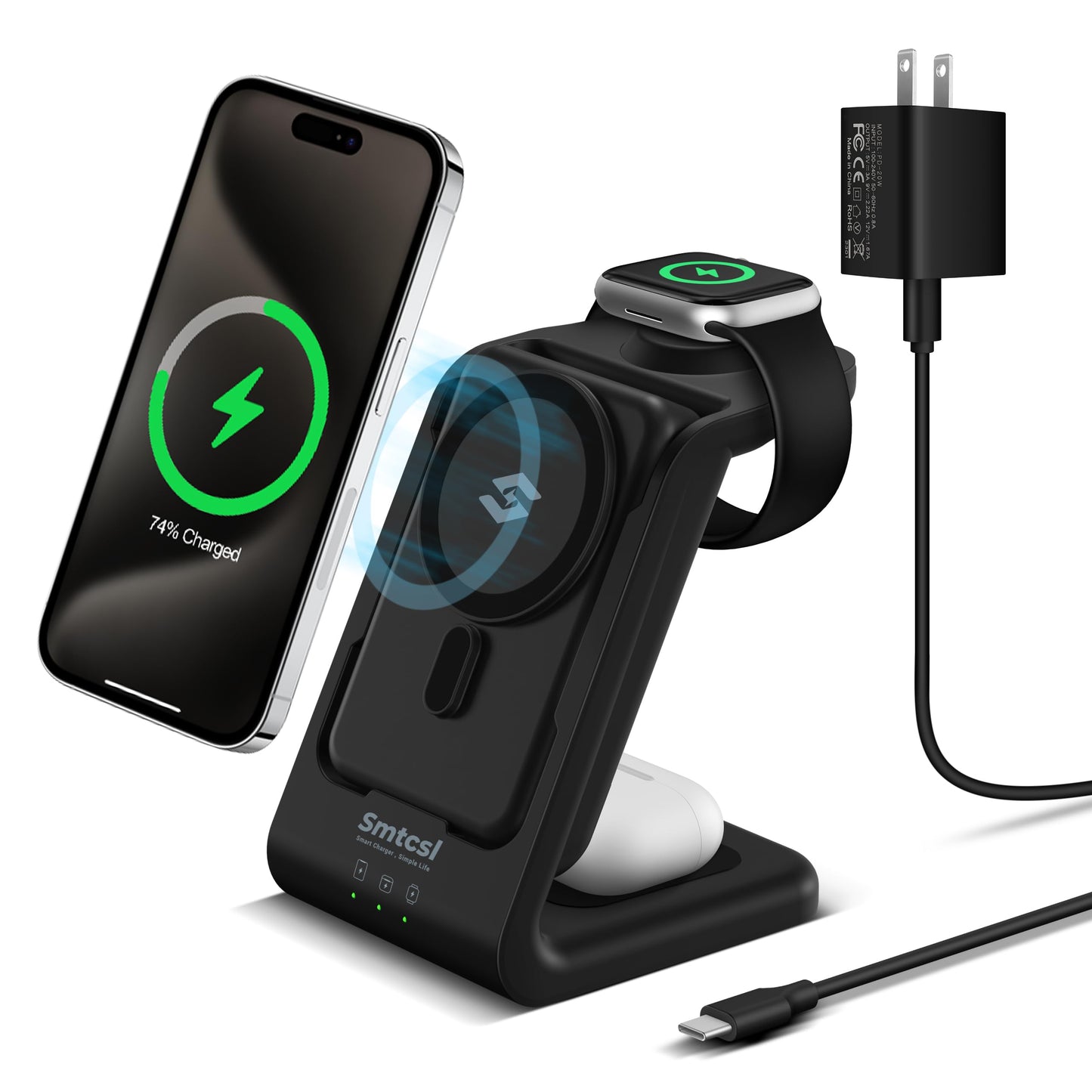 Smtcsl 3 in 1 Wireless Charging Station: 10000mAh Removable Power Bank Charger Stand for Phone/Watch/Air Pods - Portable Magnetic Battery Pack for Air 17 16 15 14 13 12 Series
