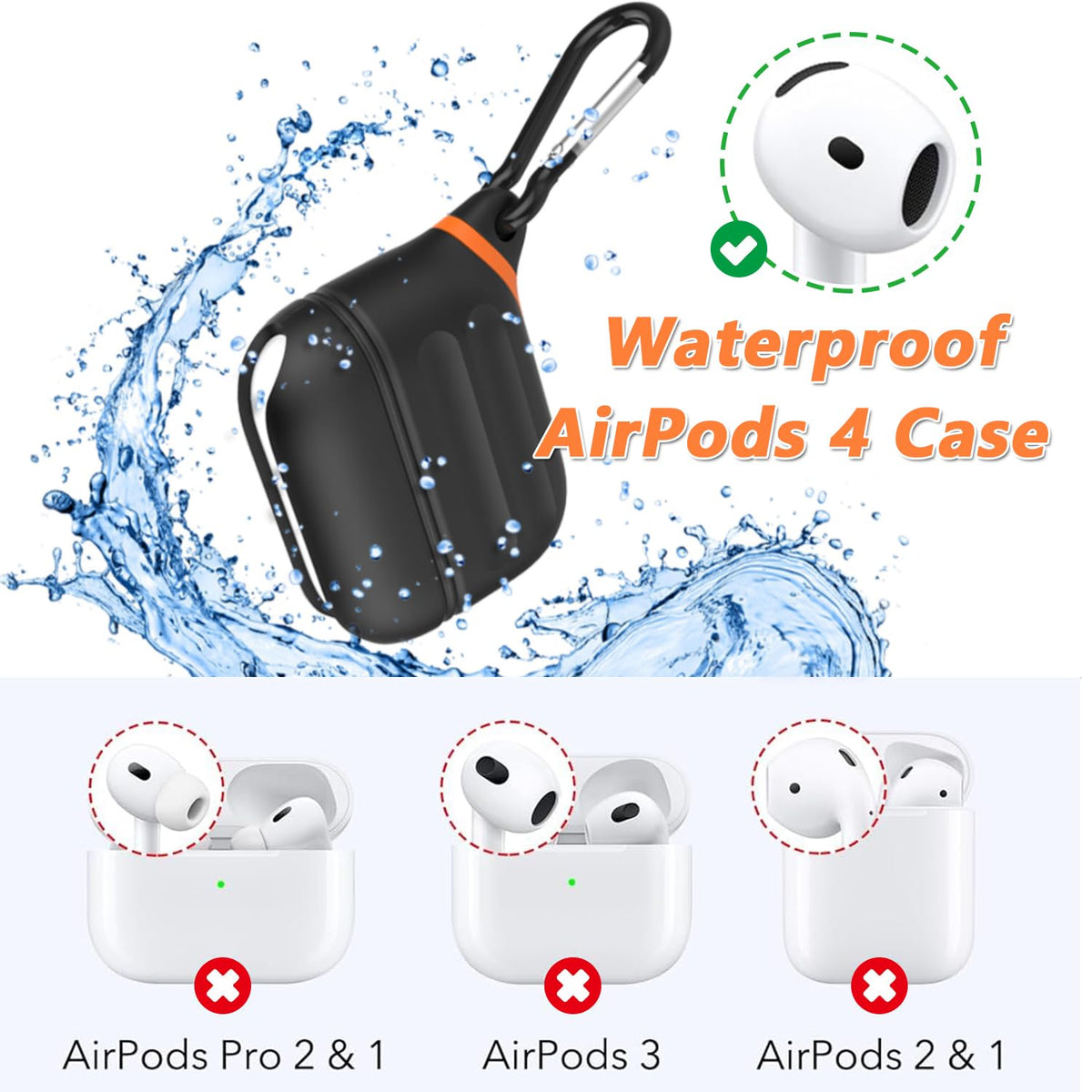 for Airpods 4 Case Silicone Compatible with Apple Airpods 4 | Waterproof Protection | Portable | for USB-C/Wireless | Anti-Lost | One Piece | Black
