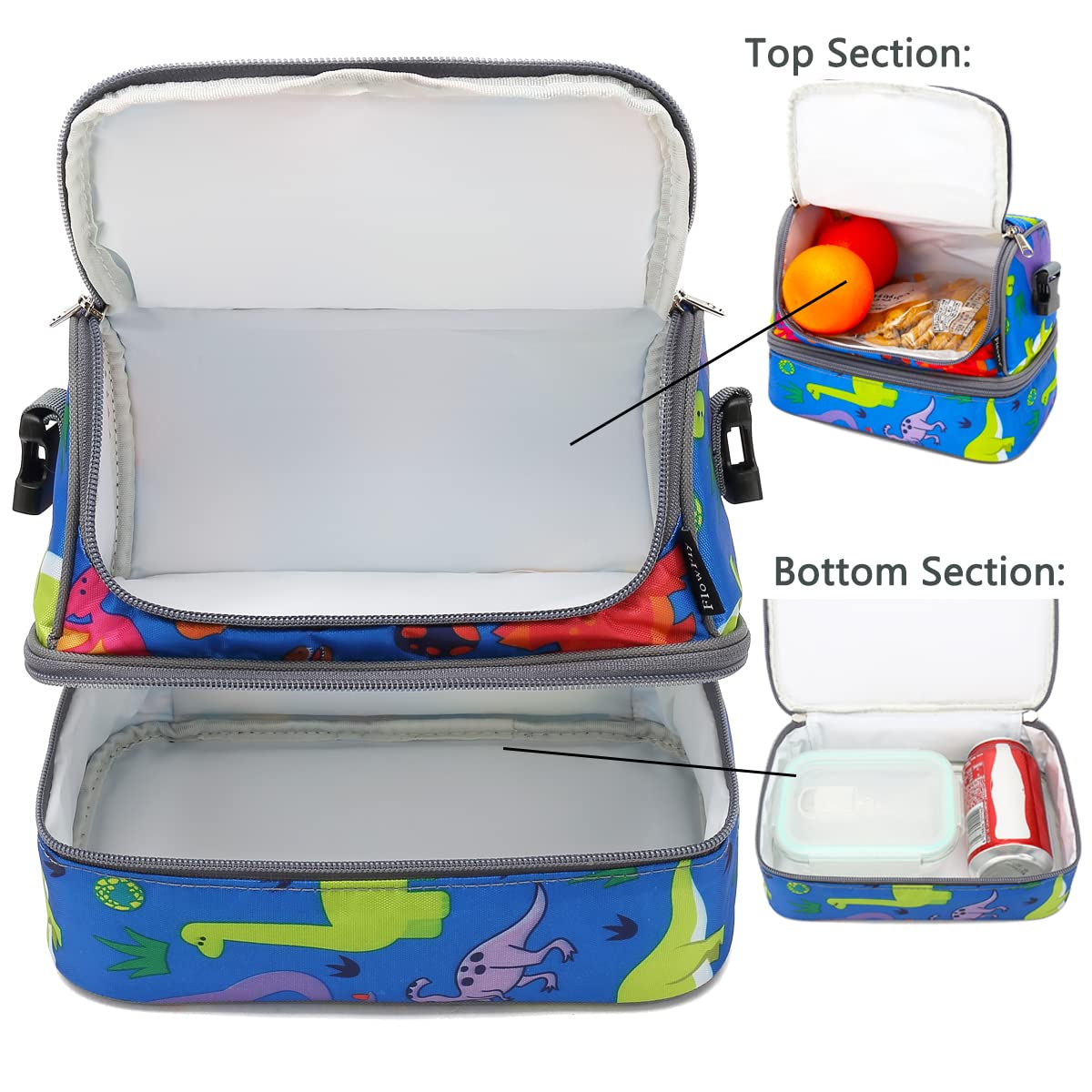 FlowFly Kids Double Decker Cooler Insulated Lunch Bag Large Tote for Boys, Girls, Men, Women, With Adjustable Strap, Dinosaur