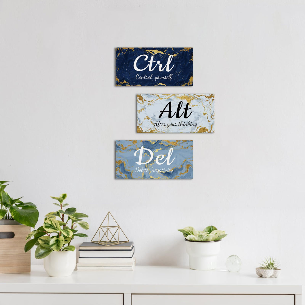 iKNOW FOTO 3 Pieces Blue Grey and Gold Wall Art CTRL ALT DEL Office Canvas Prints Marble Inspirational Quotes Motivational Wall Decor Each Panel 6x12''