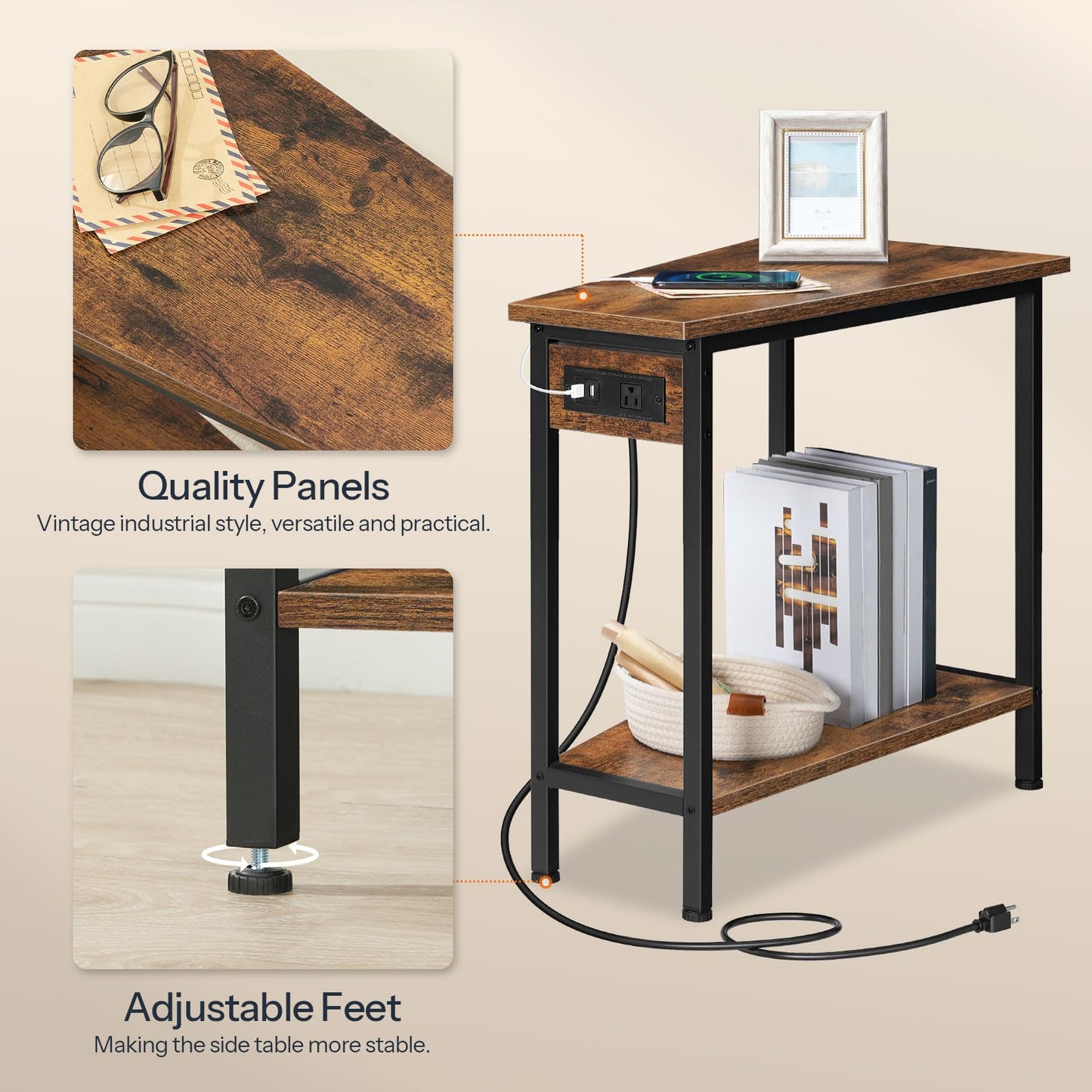 HOOBRO Wedge End Table with Charging Station, Recliner Wedge Side Table with Open Storage Shelves, Industrial Triangle Accent Table for Small Spaces, Corner, Living Room, Rustic Brown BF64UBZ01G1