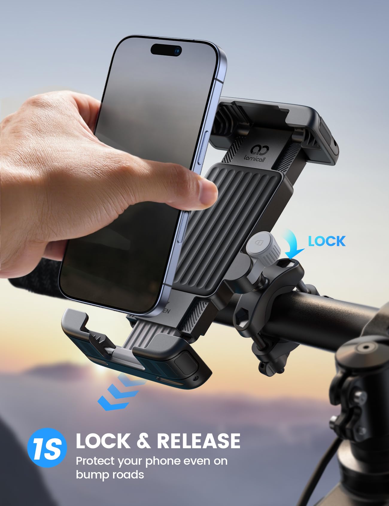 Lamicall Bike Motorcycle Phone Mount - [1s Quick Lock] Bike Cell Phone Holder Clip, Bicycle Scooter Handlebar Clamp, for iPhone Air, 17 16 15 Pro Max, Galaxy S25 S24 Ultra, 6-7.2" Phones
