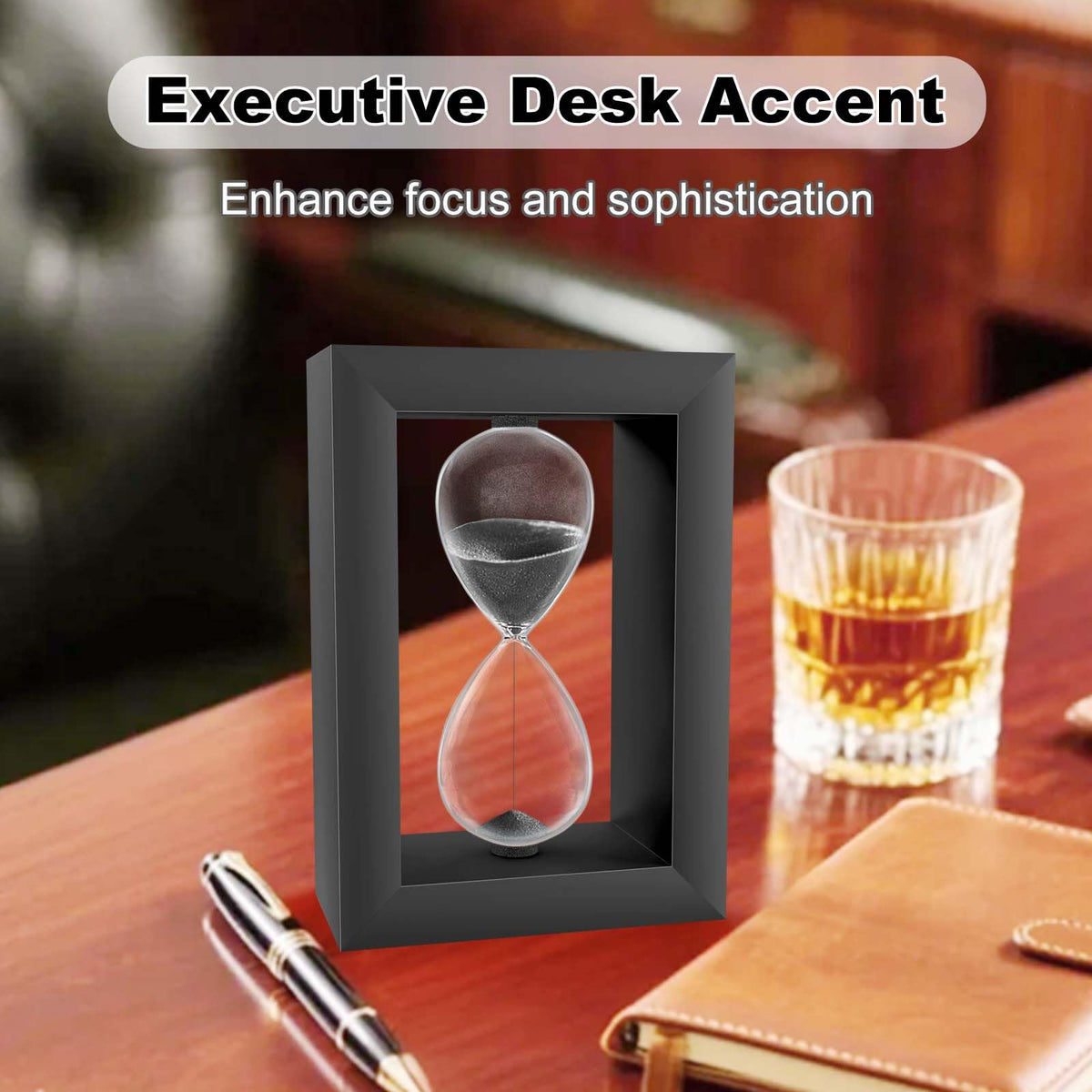 Hourglass Sand Timer, Modern Square Black Wood Sand Clock, Decorative Desktop Hour Glass Sandglass,Reloj De Arena for Office, Home Decor, Kitchen (Black, 10 Minute)