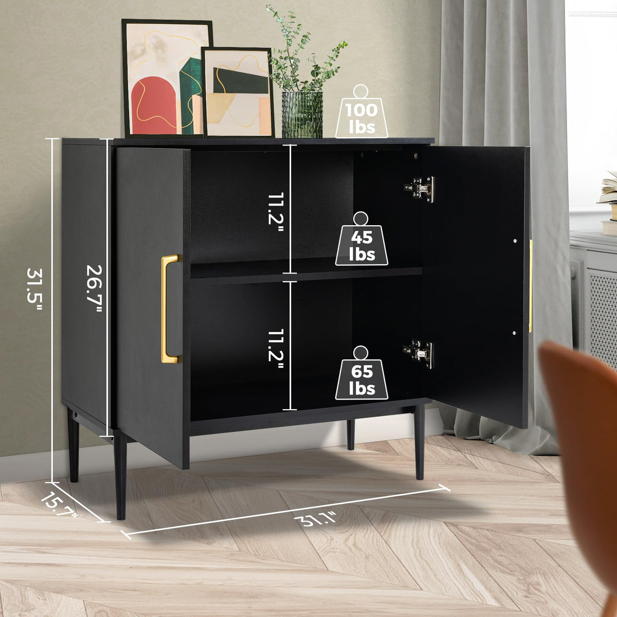 REHOOPEX Storage Cabinet with Doors, Modern Black Accent Cabinet, Free Standing Cabinet, Wooden Buffet Sideboards for Living Room, Kitchen,Home Office