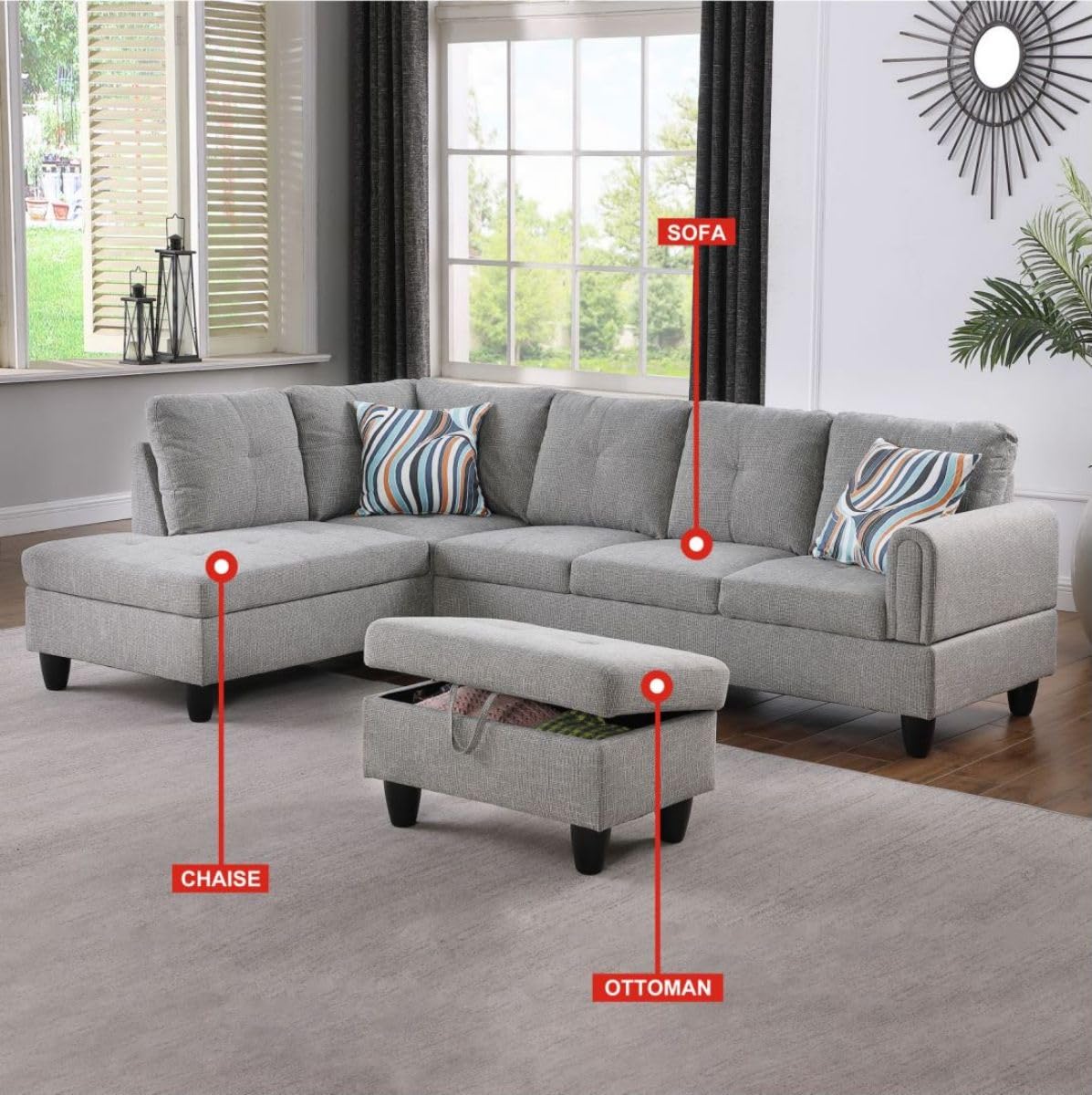 UOCFYK Grey-2 L-Shaped 3-Piece Linen Sofa with Storage Ottoman Set, Sectional Couch Sofa Set for Living Room, Office, Small Space