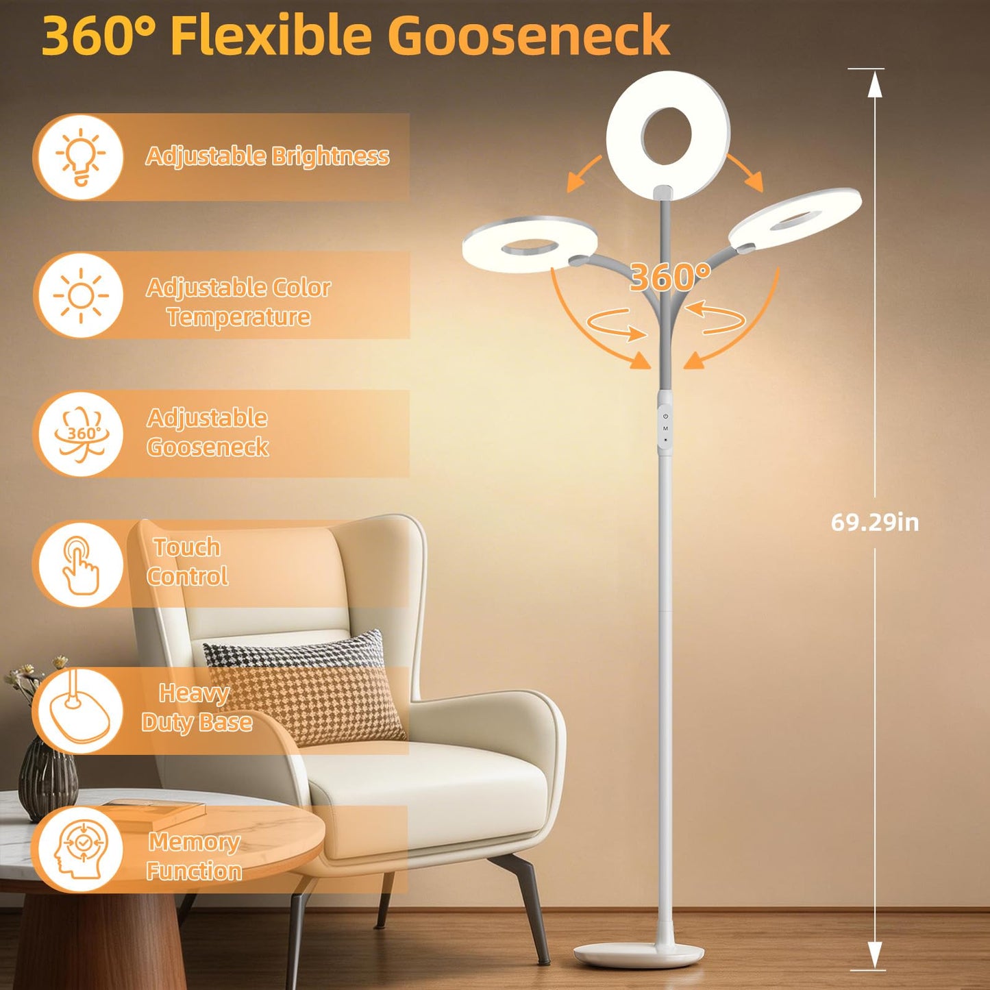 GyroVu 70" Bright LED Floor Lamp for Living Room, Dimmable Standing Tall Lamps with Color Temperature Adjustable, Touch Control Gooseneck Reading Light for Bedroom Office