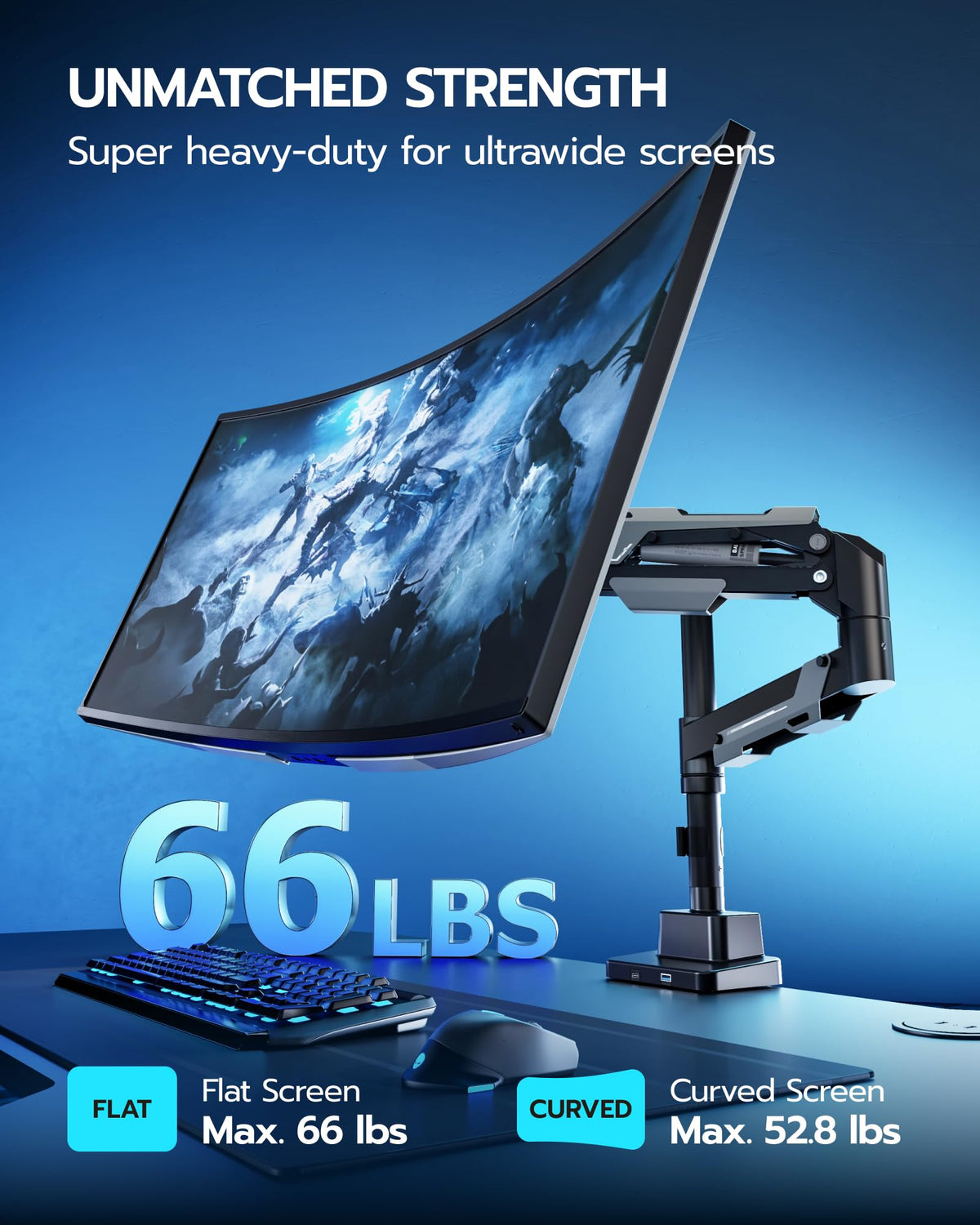 ARES WING CoreArm Single Monitor Mount with USB, Ultrawide Monitor Arm for 24 to 57'' Heavy Duty Curved Screen, Adjustable Gas Spring Monitors Arm Stand up to 66LBS with 75/100/200 Vesa Mount, Black