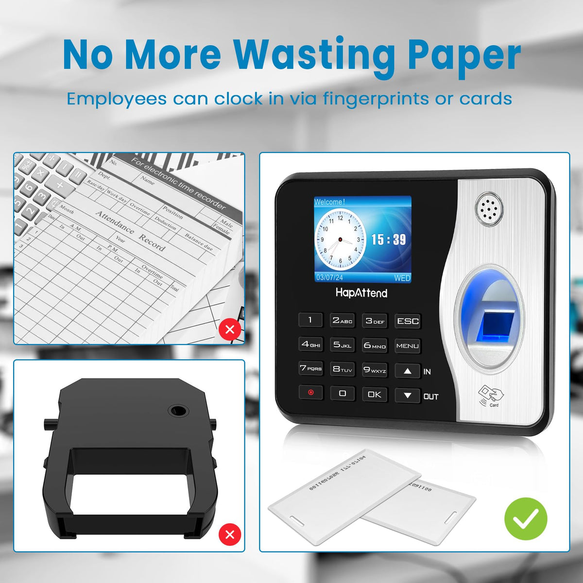 HapAttend Time Clocks for Employees Small Business Automatic Calculate Hours, 0 Monthly Fees Fingerprint Time Clock, H3 Standalone Biometric Clock in Machine for Employees with 5 RFID Cards (No WiFi)