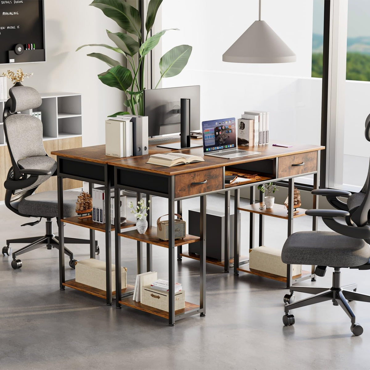 UOCFYK 47 Inch Computer Desk with 2 Drawers, Home Office Desk with Wooden Shelves, Study Writing PC Table for Small Spaces, Bedroom, Dorm or Living Room, Rust