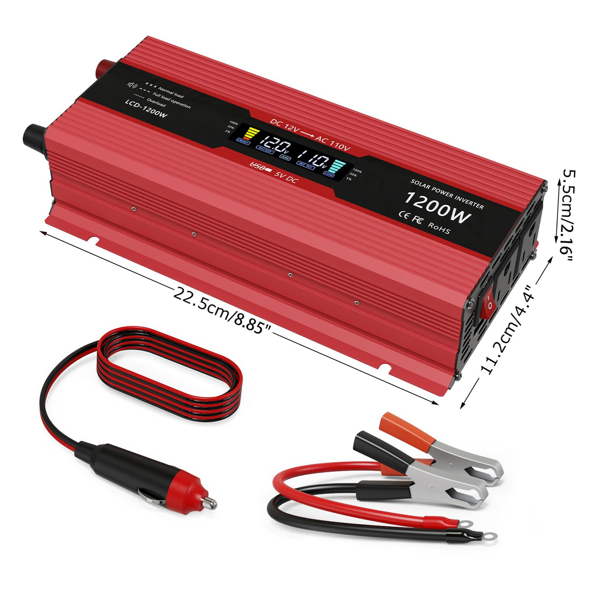 1200W Car Power Inverter DC 12V to 110V AC Converter 1200W Inverter Power Inverters with LCD Display and AC Outlets 2A USB Charging Port