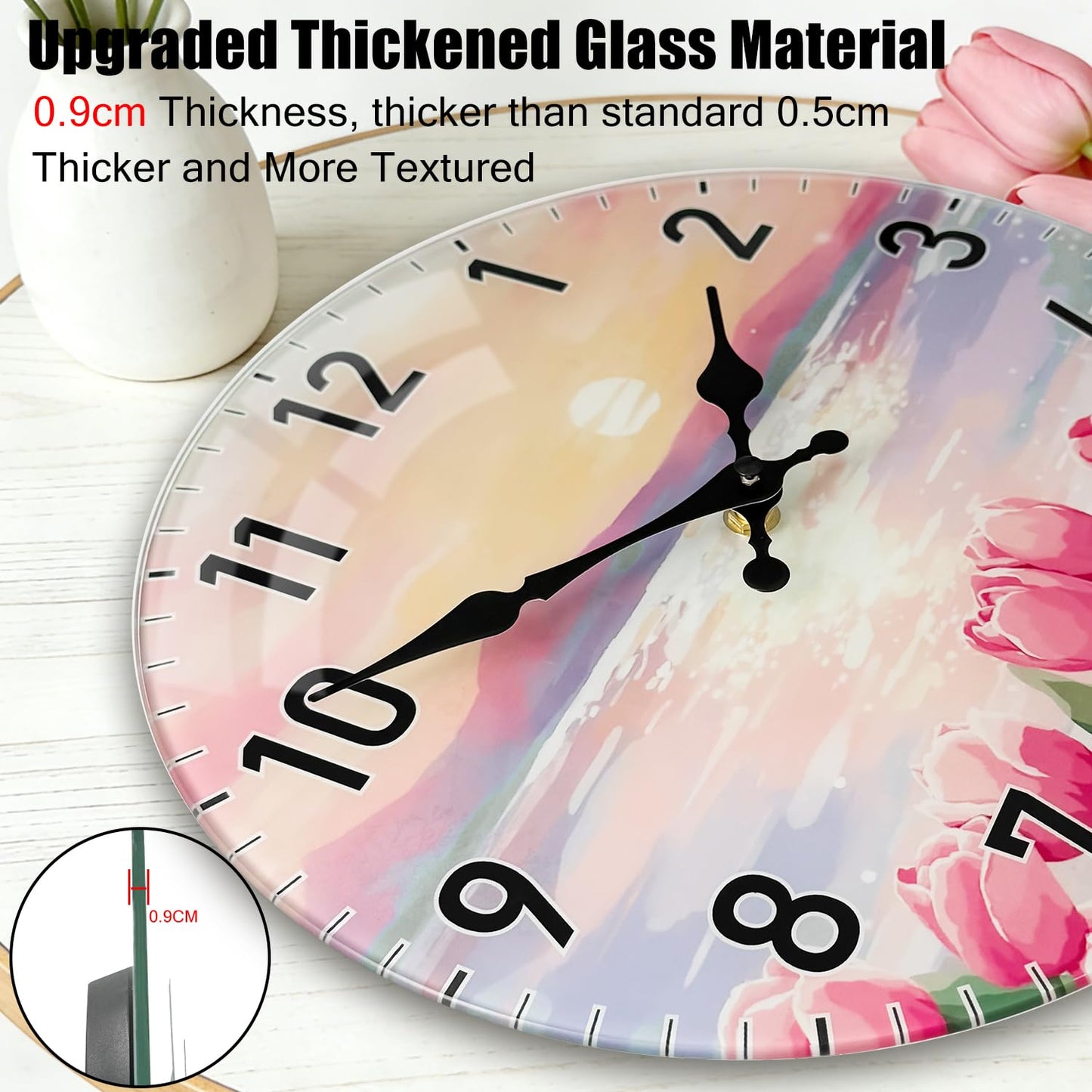 TGHHPC 12-Inch Spring Tulip Sunset Wall Clock, Silent Non-Ticking Battery Clock with Premium Glass Silent Movement Large Number Clocks for Romantic Bedroom Relaxing Living Room Office Kitchen Hotel