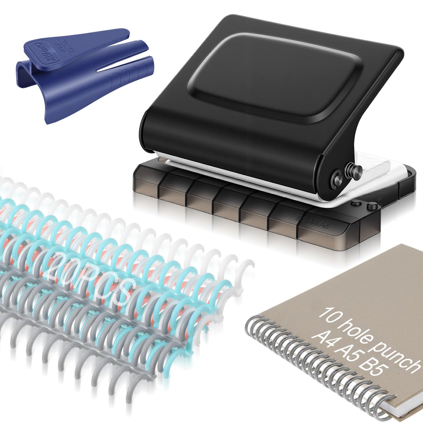 PercyEffie Grey 10-Hole Binding Machine for Planner with 20pcs Comb Binding Spines, Plastic Spiral Bindings Coils，30 Holes on A4,20 Holes on A5,26 Hole on B5,10 Sheet Capacity