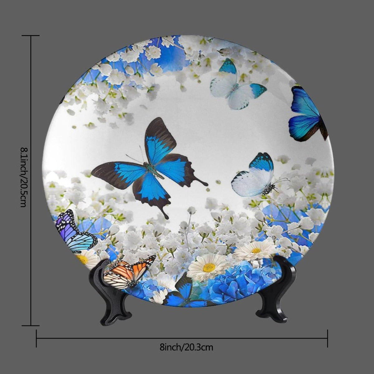 Bictucem Decorative Plates, 8 Inch, Flower Butterfly Round Display Plate, Table Top Plate Decor with Stand, for Wall Hanging Living Room Bathroom Decor Gift