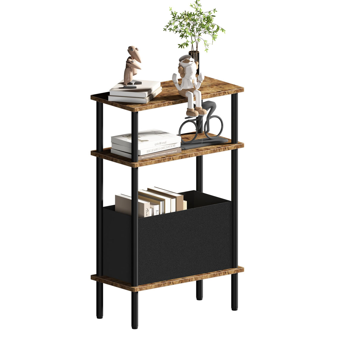 Newmics Narrow Side Table with Fabric Basket, End Table for Small Spaces, Slim Nightstand with 3-Tier Storage Shelf, Sofa Beside Table, for Living Room, Bed Room, Rustic Brown