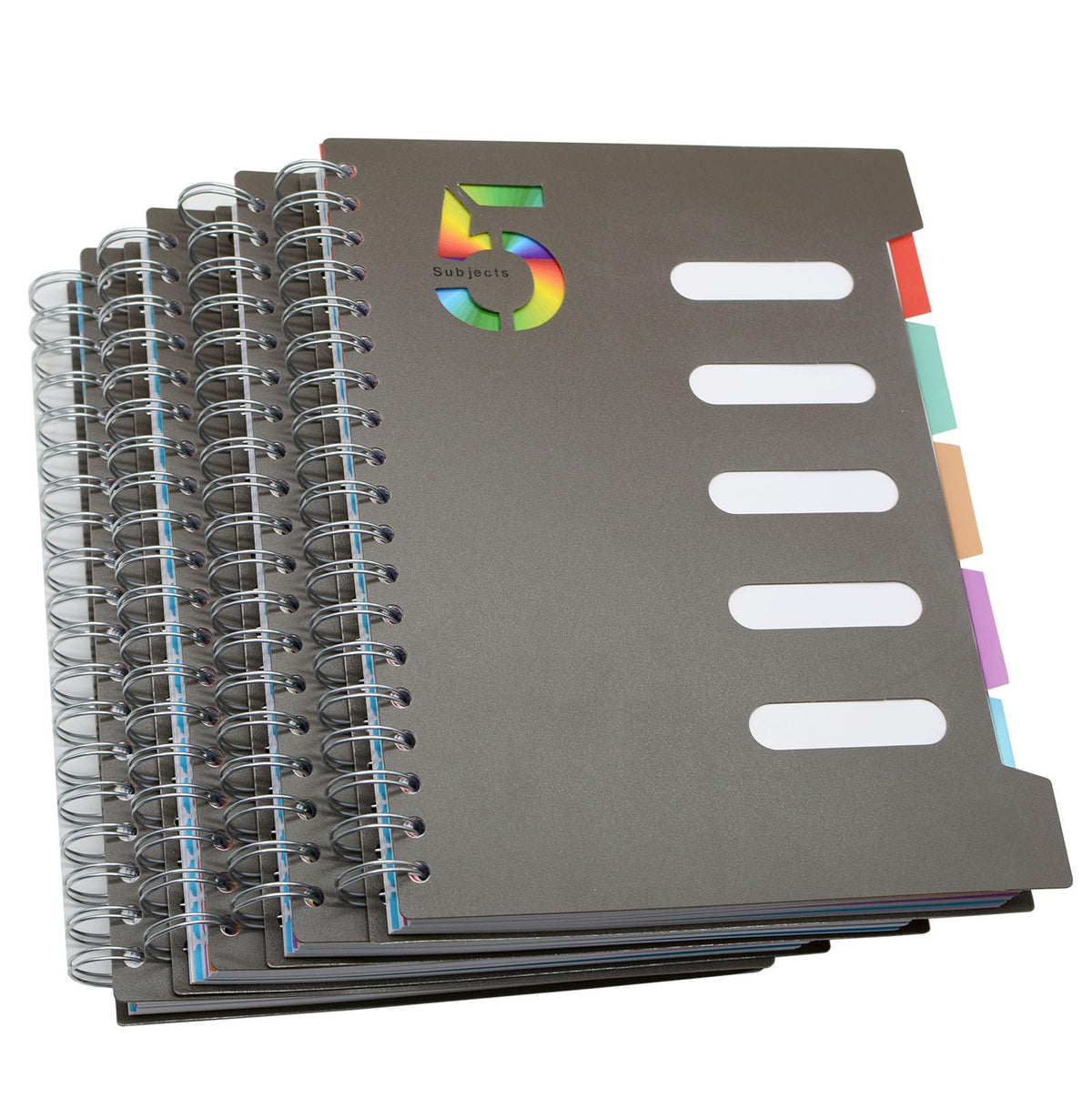 5 Subject Notebook, 4 Pcs 10 Inch x 7 Inch B5 Black Spiral Notebook With Waterproof Plastic Softcover, 300 Pages 80 Gsm College Ruled Papers With 5 Sheets Colorful Movable Dividers (4 Pcs Black)
