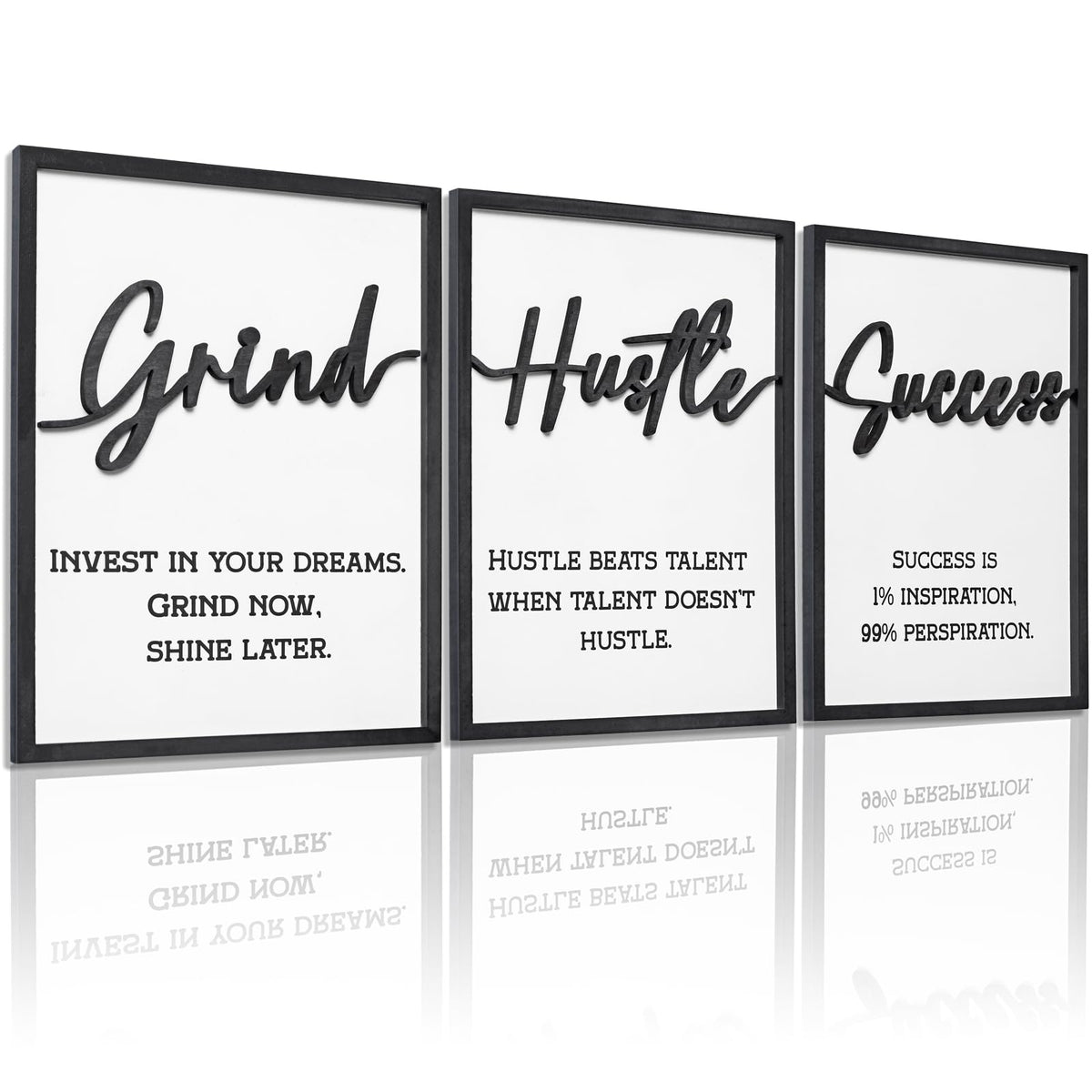3D Wood Inspirational Office Wall Decor, 36" x 16" Framed Grind Hustle Success Motivational Wall Art, Positive Quotes Wall Art for Home Office Bedroom (Ready to Hang, Set of 3, Framed)