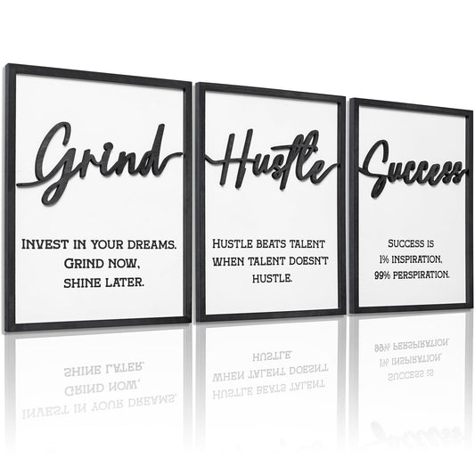 3D Wood Inspirational Office Wall Decor, 36" x 16" Framed Grind Hustle Success Motivational Wall Art, Positive Quotes Wall Art for Home Office Bedroom (Ready to Hang, Set of 3, Framed)