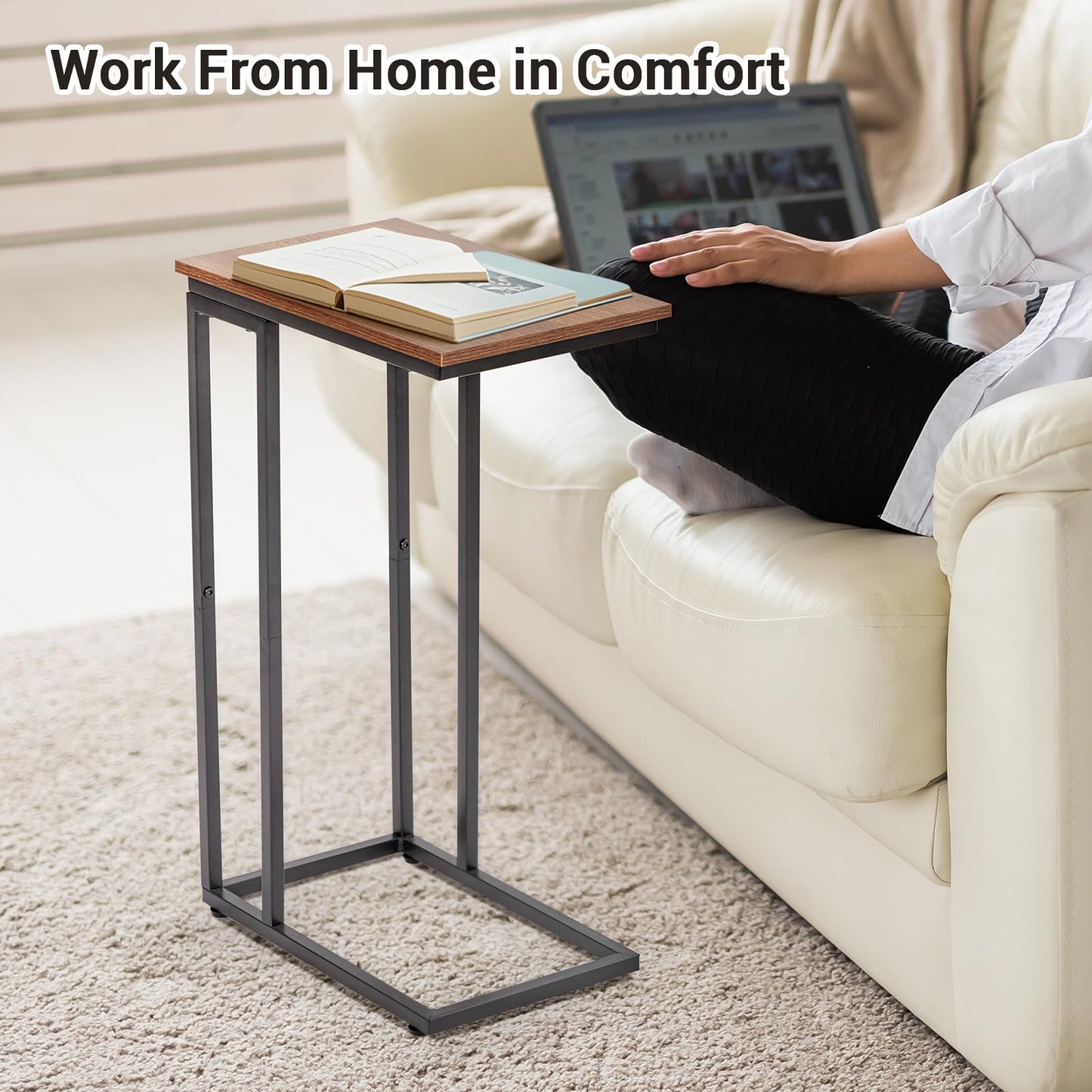 fusehome C-Shaped End Table, TV Tray Set of 2, Couch Side Laptop Table, for Living Room, Bedroom, Small Spaces, Rustic Brown and Black, 2 Pack