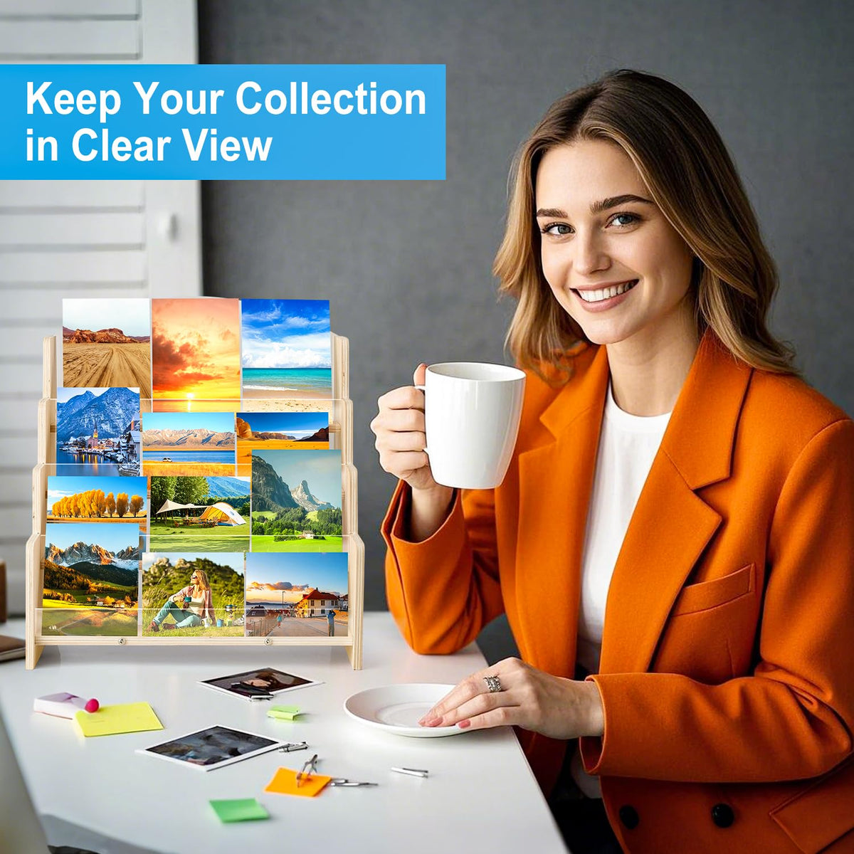 Kesiya Greeting Card Display Stand , Acrylic Sticker Display Holder for Vendors, Counter Retail Display Rack , 4-Tiered Wooden/Acrylic Display stand for postcard /Brochure/Photos/Picture