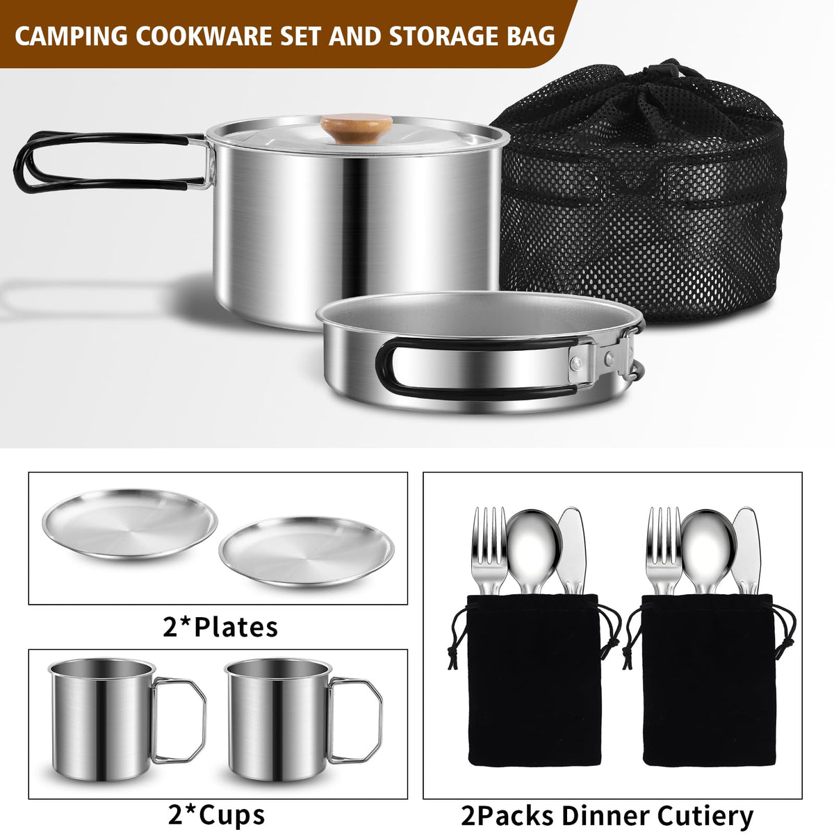 13Pcs Outdoor Camping Cookware Set, Lightweight Pot Pan with Stainless Steel Fork Spoon Kits、Cups and Plate, Perfect for Camping Trips and Climbing