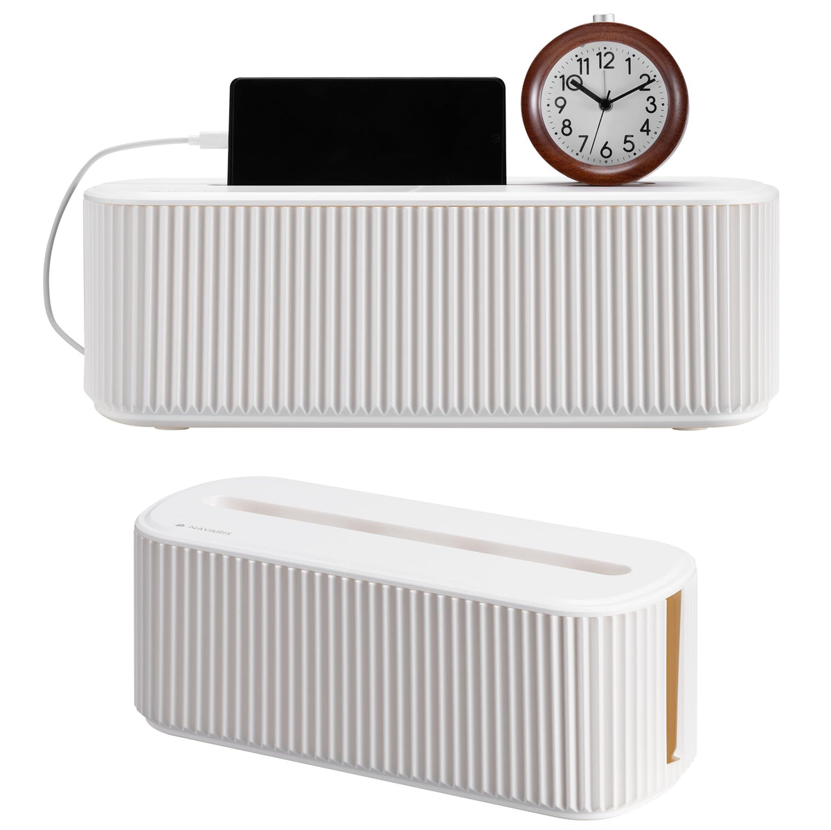 Navaris Ribbed Cord Boxes - Stylish Cable Management Box - Cord Wire Organizer to Hide Cords - Power Strip Hider Storage Box - for Desk Desktop & TV Cable Management - Set of 2
