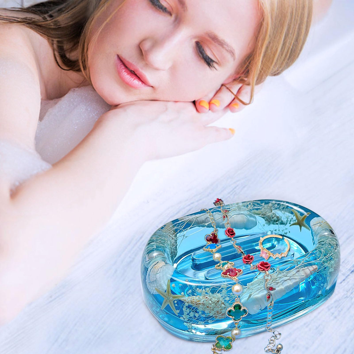 FONMY Soap Dish Acrylic w/Nature Seashell Bar Soap Holder Shower Soap Tray for Home, Camping Travel, Dry Stop soap Saver for Bathroom Vanity Countertop Office Unique Gifts and Home Decoration (Blue)