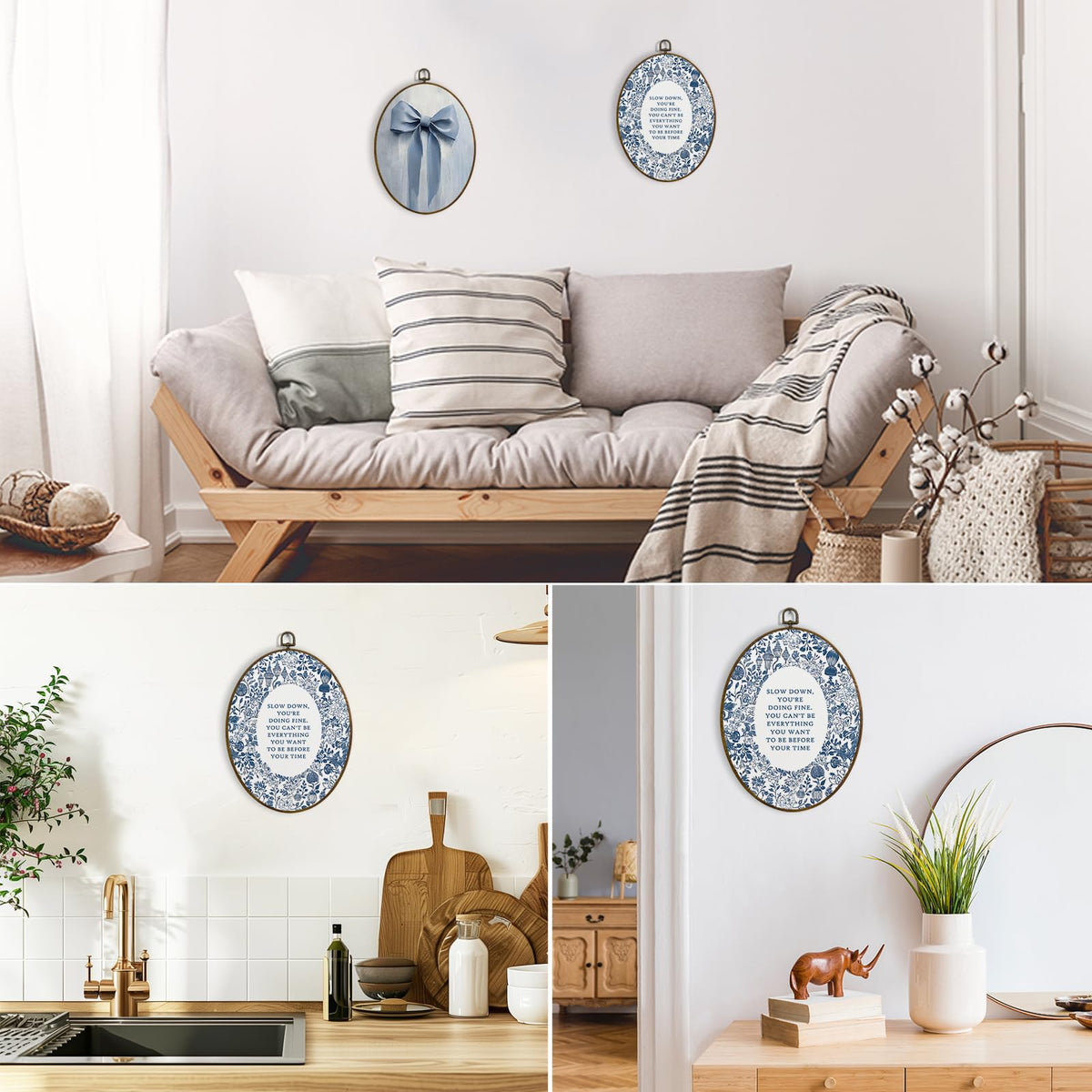 dvhdajed Slow down You're Doing Fine Oval Wall Art Decor,Blue and White Floral Botanical Framed Canvas Art, Boho Aesthetic Inspirational Wall Hanging Decor for Gallery Bedroom Office,8.7x11.3