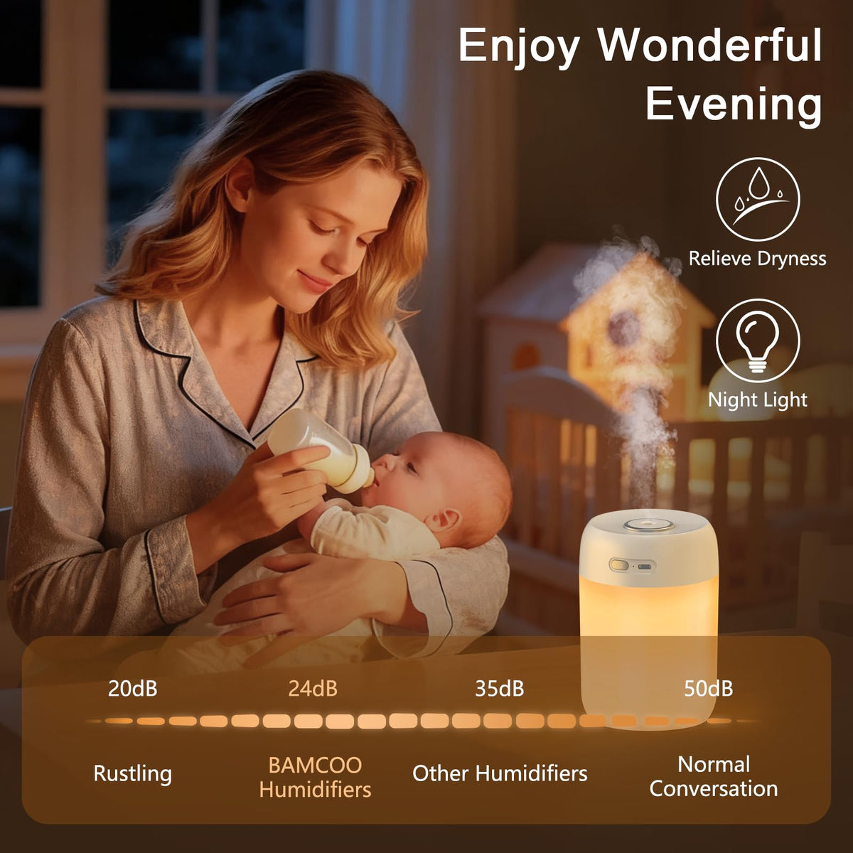 BAMCOO Portable Small Humidifier, 650ml Colorful Mini Humidifier for Bedroom, Office Desktop, Baby Room, Plants, Cool Mist Humidifiers(White)