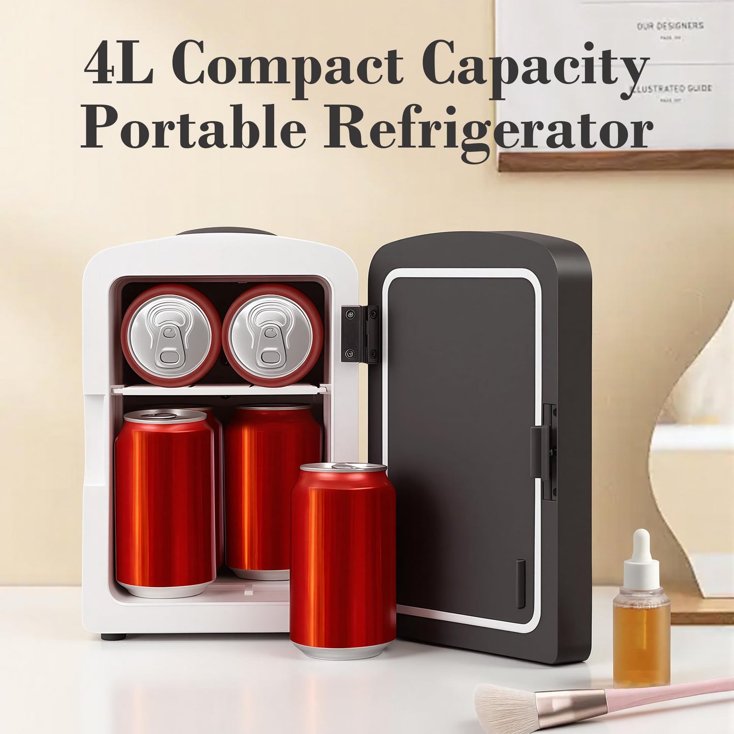 Iceblue Mini Fridge, Skincare Fridge with Dimmable LED Light Mirror, 4 Liter /6 Cans Small Refrigerator for Beauty & Beverages,Mini Fridge for Bedroom, Car, Office & Dorm, Gift - Black