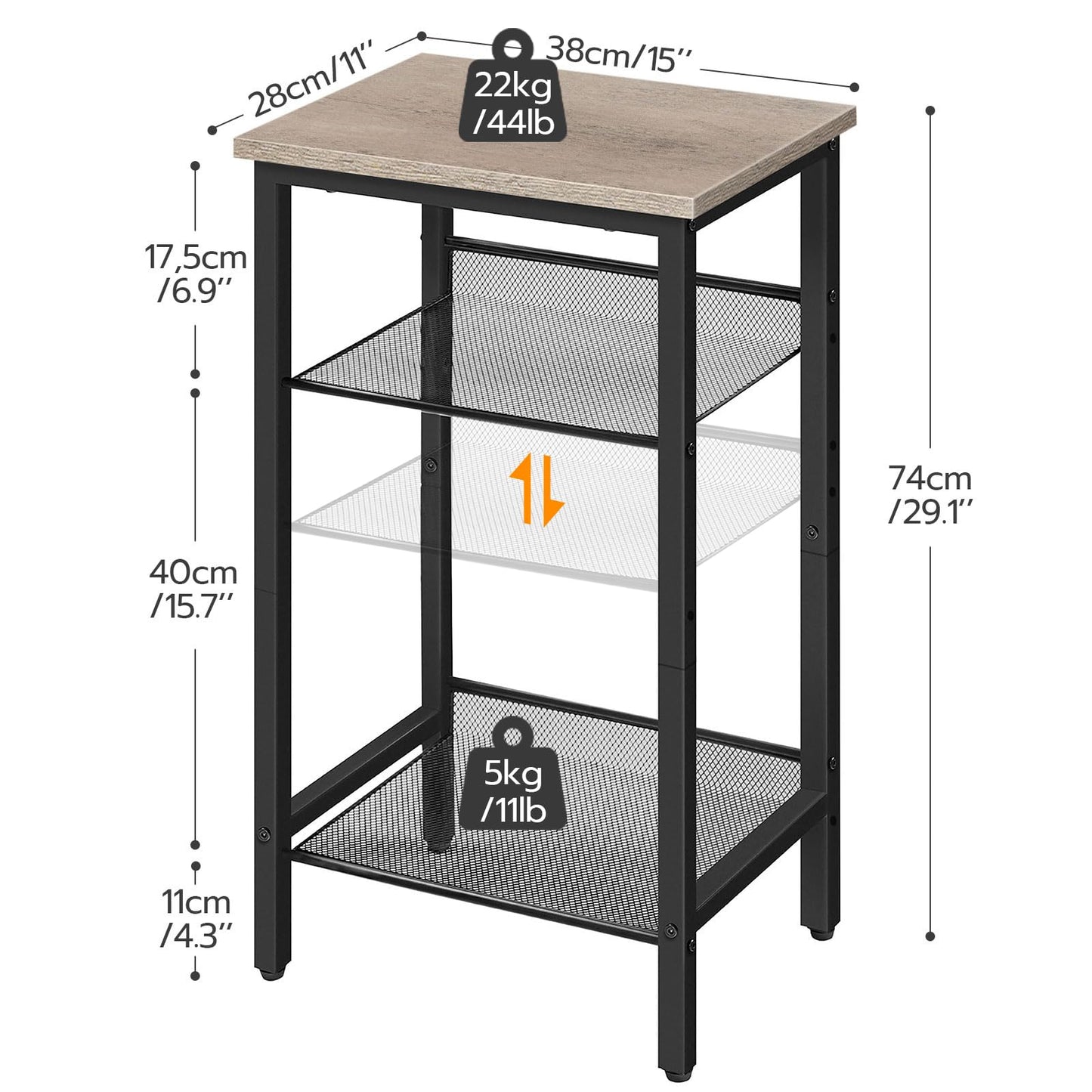 HOOBRO Tall Side Table, 3-Tier Telephone End Table with Adjustable Mesh Shelves, Small Entryway Table with Storage, Small Nightstand for Living Room, Bedroom, Hallway, Office, Greige BG01DH01G1