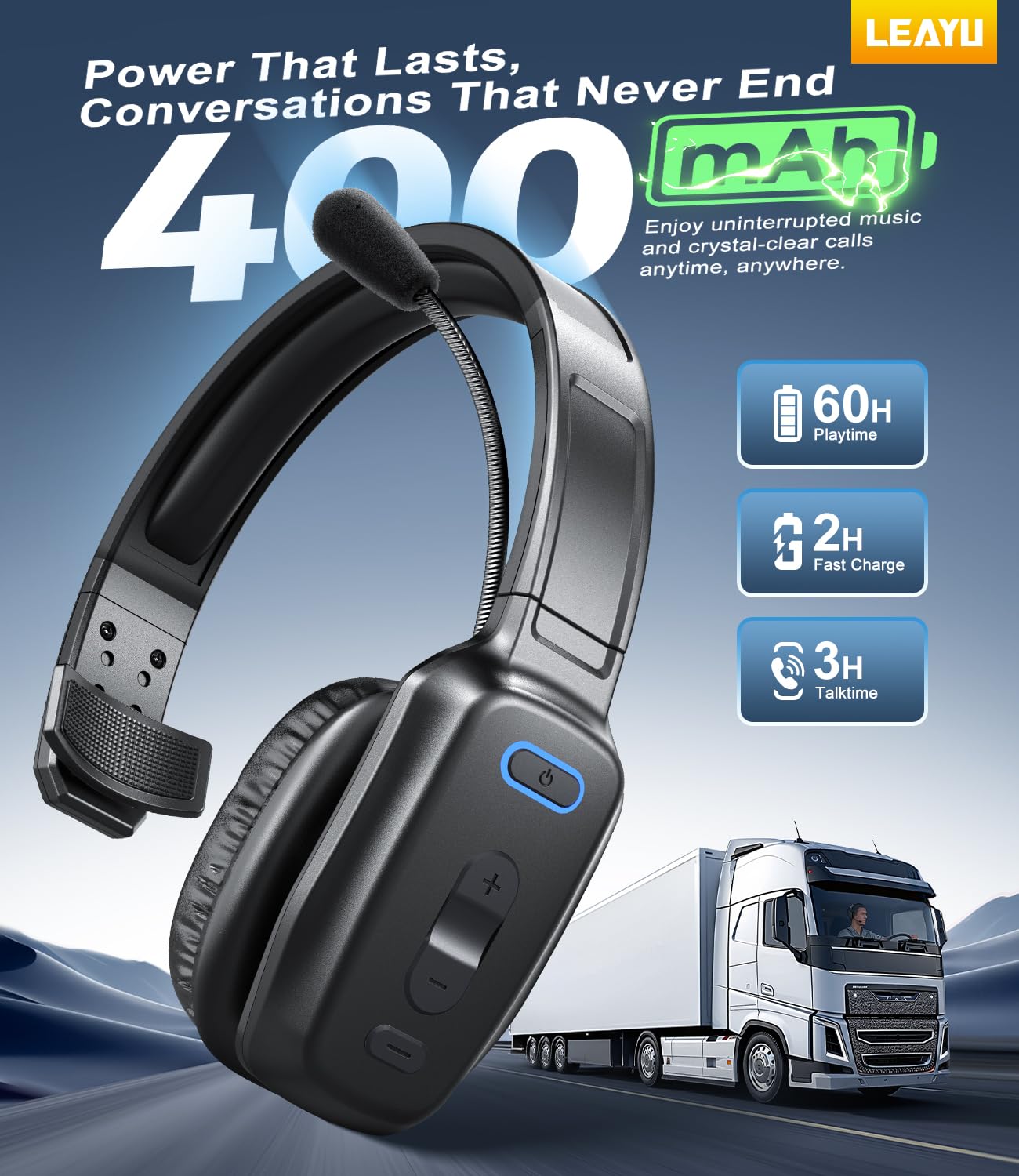Bluetooth Headset, 60hrs AI Noise Canceling V5.2 Over Head Headphones, Single Ear Trucker Wireless Headset with Mic, Mute Button, Multipoint, for Phones PC Computer Truck Driver Office Work - Black