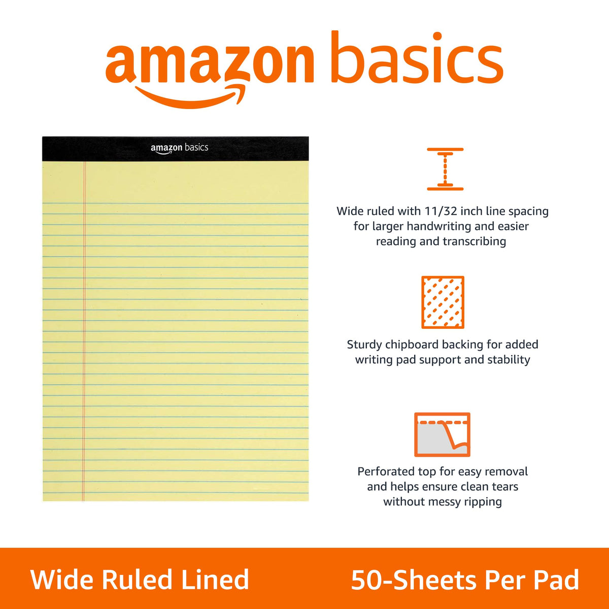 Amazon Basics Wide Ruled Lined Writing Pads, 8.5" x 11.75", Canary, 12-Pack of 50 Perforated Sheets, Sturdy Backing