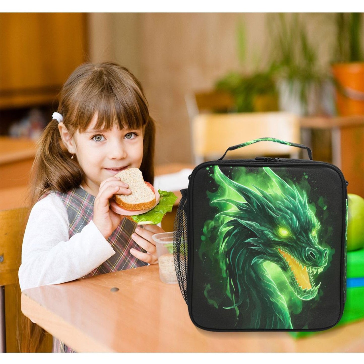 Qinllo Fire Dragon Green Black Lunch Box Bag Large for Boys Girls Kid Insulated Lunch Bags Food Container Reusable Lunchbox Expandable Zip Lock Bag Organizer for Men Women Office Picnic School