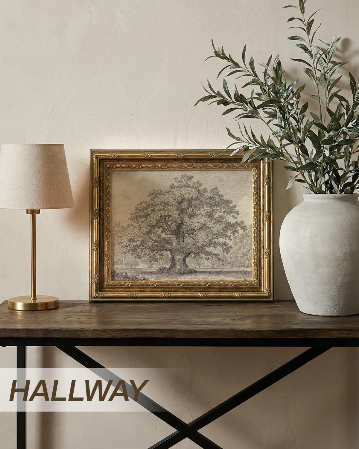 InSimSea 13x16 Gold Framed Vintage Wall Art with Glass, Sketch Oak Tree Landscape Canvas Prints, Rustic Farmhouse Botanical Artwork for Living Room Bedroom Bathroom Office
