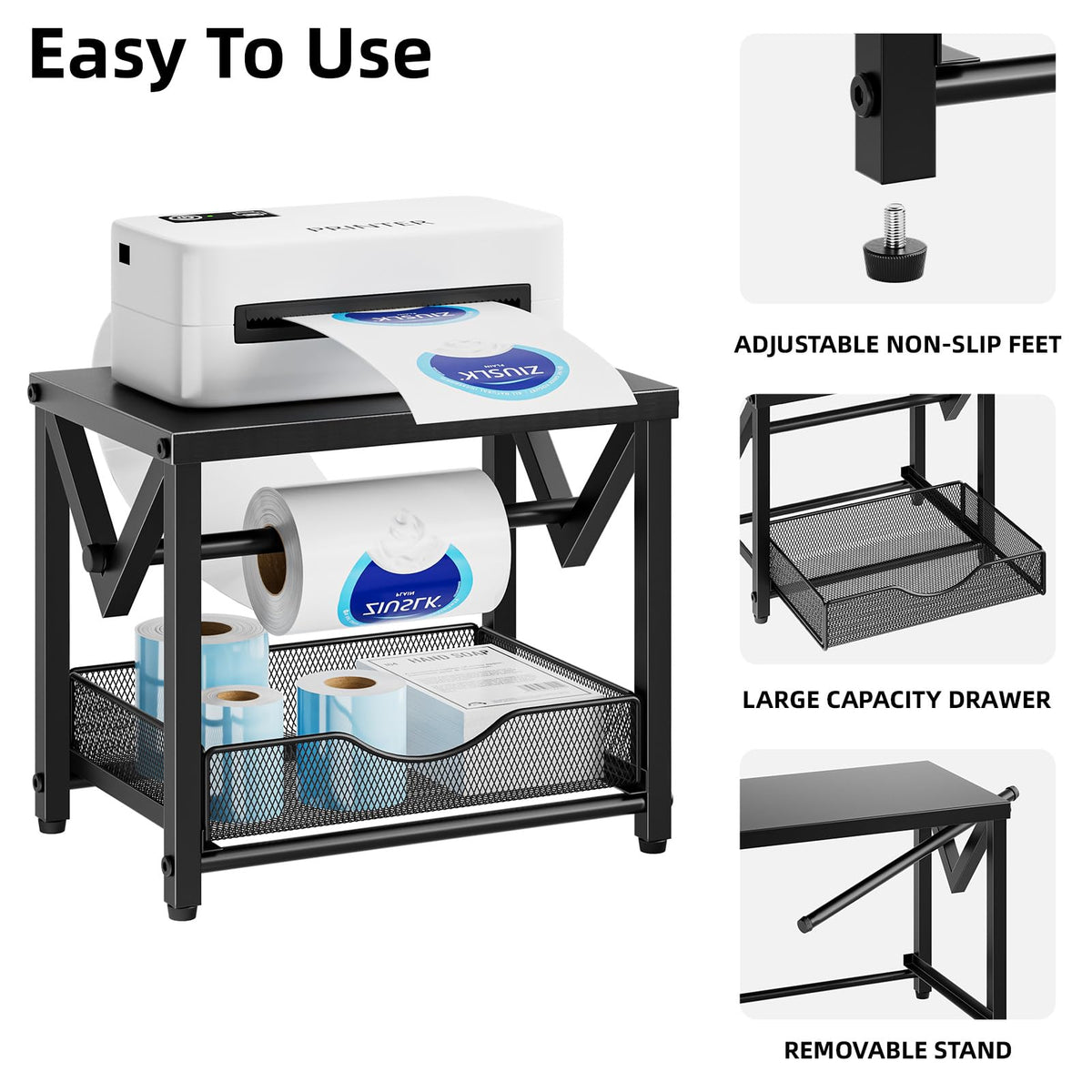 Marbrasse Label Holder for Rolls and Fanfold Labels, Metal Thermal Label Printer Holder with Drawer, Shipping Label Stand,Sticker Roll Holder for Home, Office, Small Business,Black