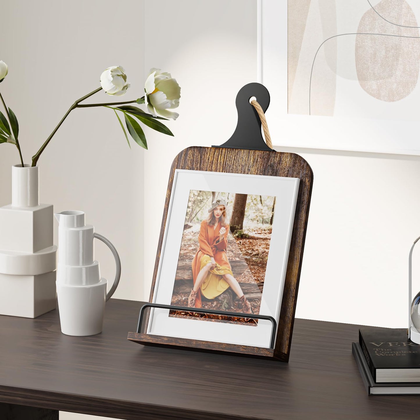 KLM Kitchen Cookbook Stand - Recipe Book Holder for Cooking, Organising and Storage - Perfect Home Shelf Decor and Wedding Retirement Gift for Woman (Brown)