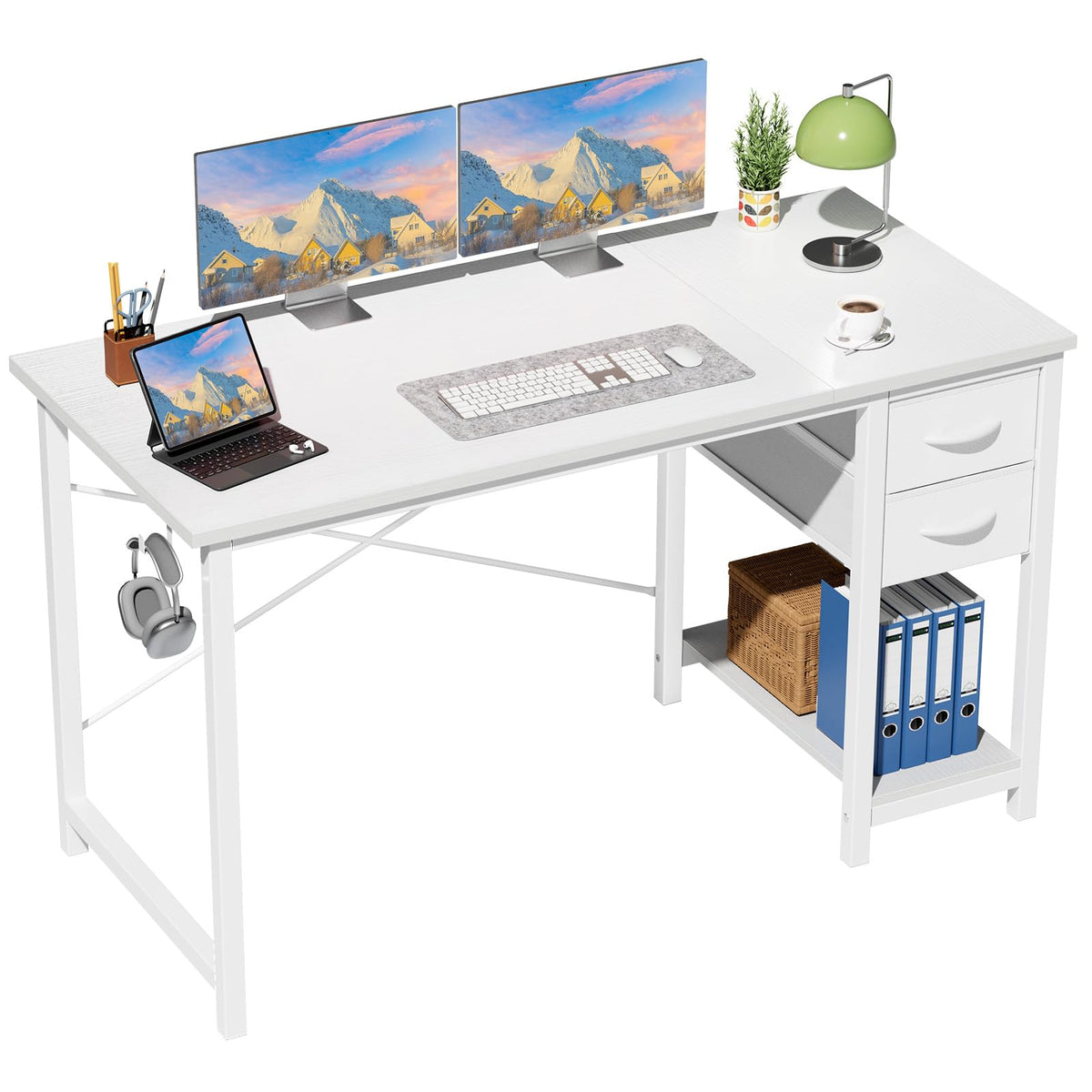 Sweetcrispy 47 Inch Computer Desk with Drawers, Home Office Gaming Desk with X-Shaped Reinforcement, Modern Wood Study Work Table with Side Hook, White