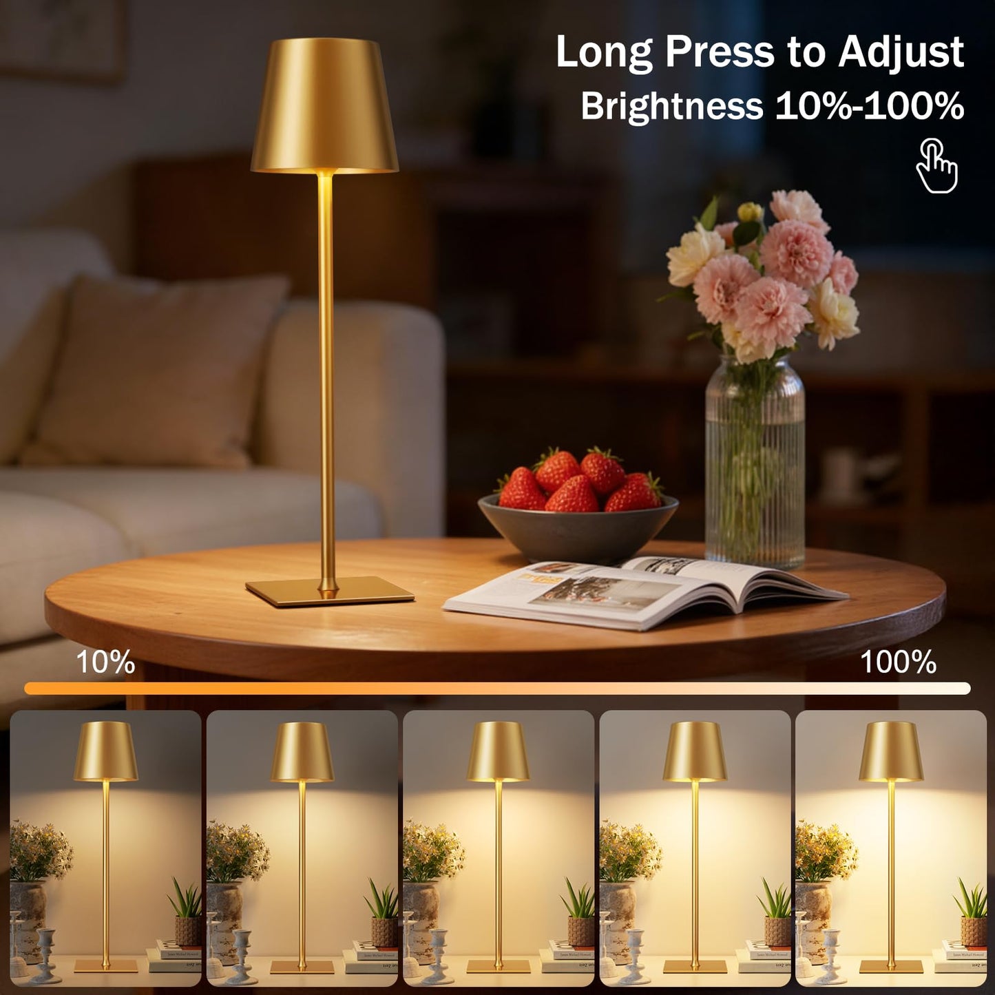 Gold Cordless Rechargeable Table Lamp, 2 Pack Portable Desk Lamp with 5000mAh Battery, Touch Control Stepless Dimming, Wireless Night Light for Dining, Outdoor Camping, Coffee Shop, Water Repellent