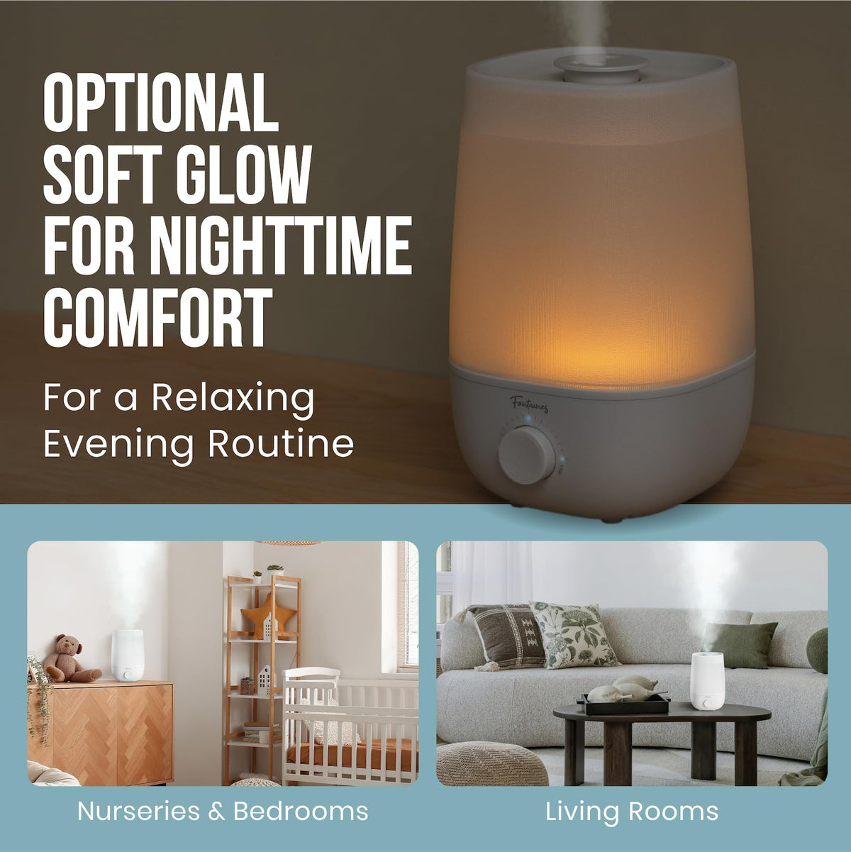 Fontaines Luxury Top-Fill Humidifiers for Bedroom, Cool Mist 360° Ultra-Fine Spray, Whisper-Quiet, Dishwasher-Safe Tank, Nightlight & Auto Shut-Off, Easy Clean Baby Nursery