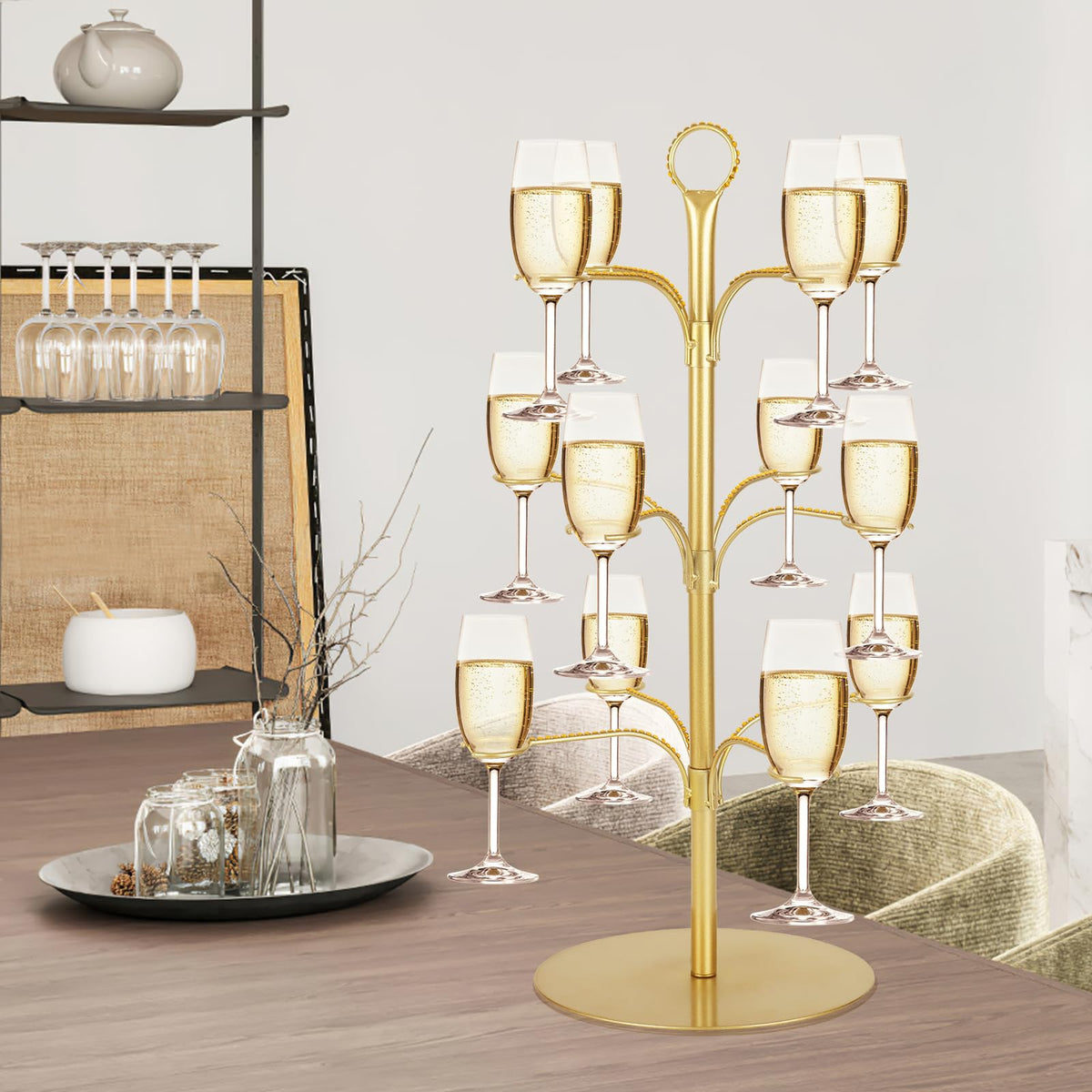 ALIMOTA Cocktail Tree Stand for Drinks Champagne Tower Wine Glasses Holder, 3 Tier 12 Holders, Bar Home Drinks Tree Display Suitable for Gin, Cocktails, Champagne, Wine