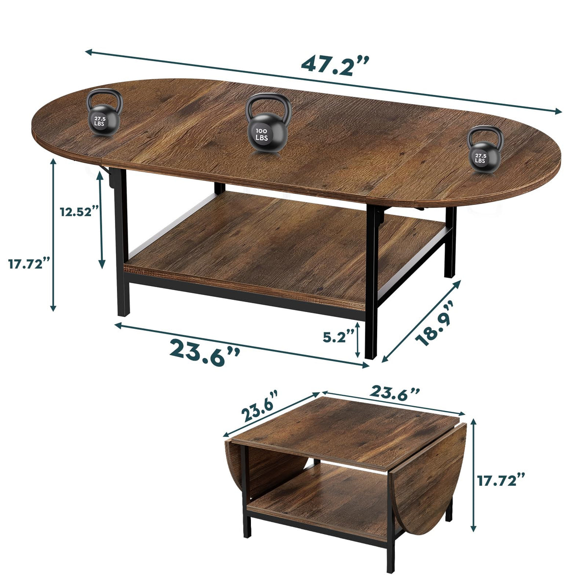 SAYGOER Folding Coffee Table for Living Room, Small Coffee Tables with 2-Tier Storage, Mid Century Modern Center Table for Small Space, Oval Farmhouse Table Square, Dark Brown