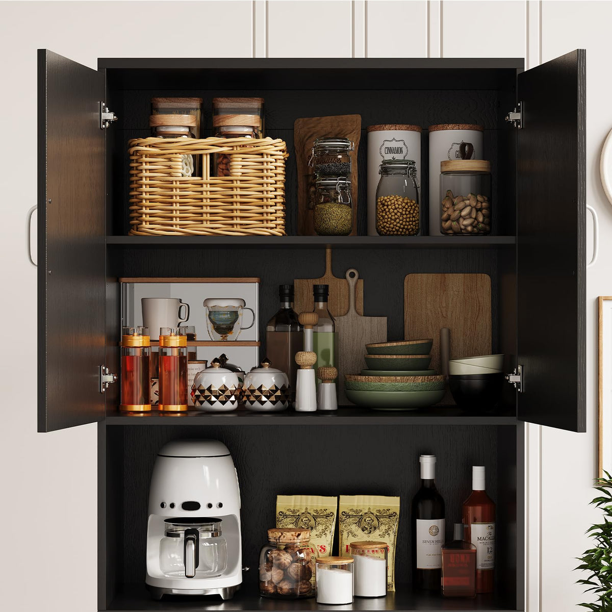 IDEALHOUSE 70" Kitchen Pantry Storage Cabinet, Farmhouse Kitchen Hutch Cabinet with 4 Doors & 2 Adjustable Shelves, Freestanding Cupboard with Microwave Stand for Dining Room,Living Room,Black